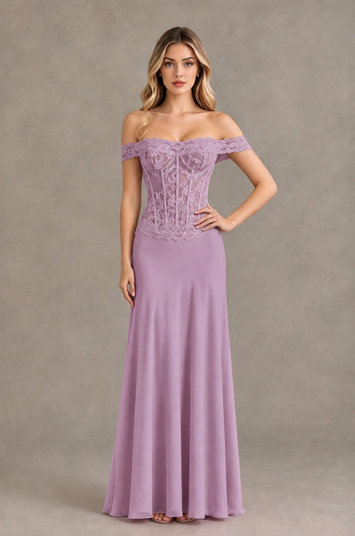 BOLODOO Dusty Purple Off Shoulder Lace Corset Wedding Guest Dress - Dusty Purple - Dusty Purple_4