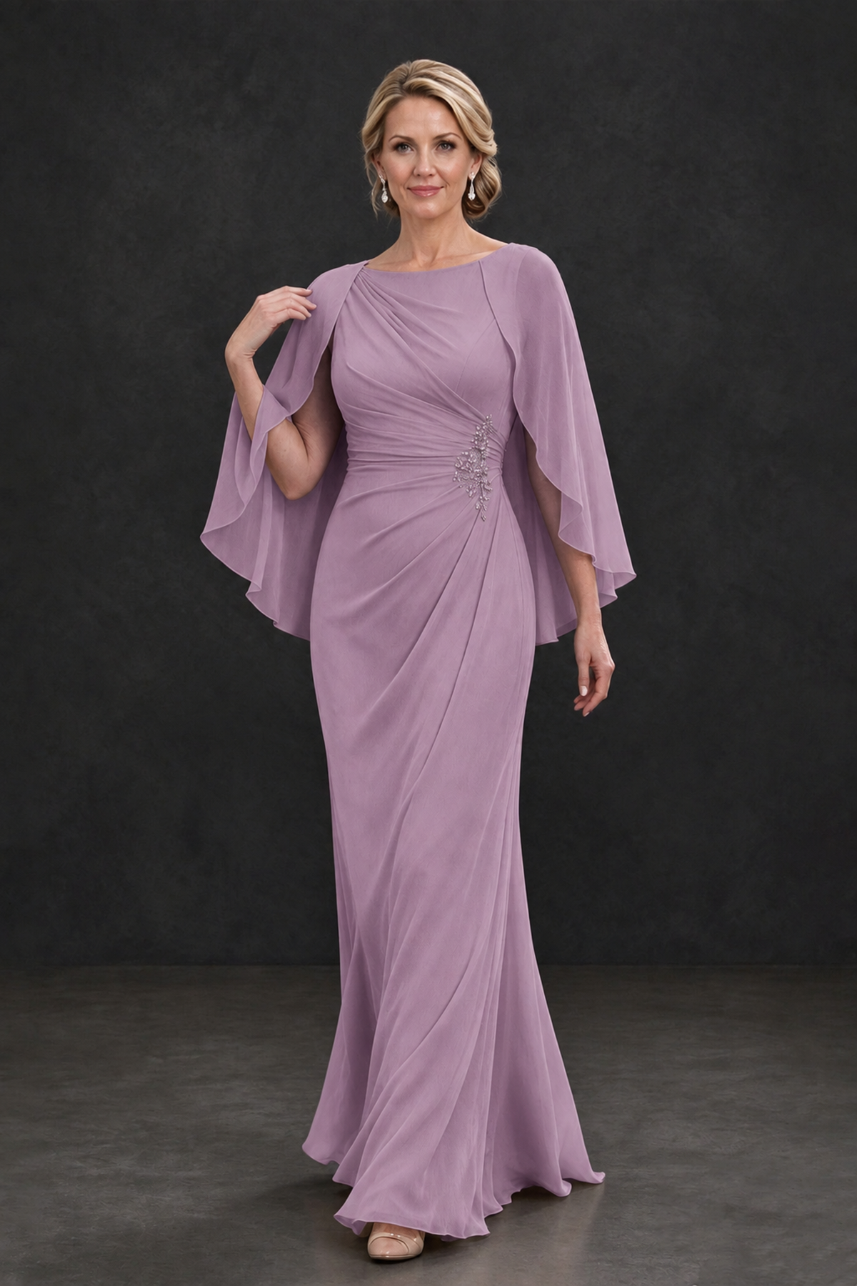 BOLODOO Dusty Purple Cape Sleeve Mother of the Bride Dress with Ruched Waist - Dusty Purple - Dusty Purple_4