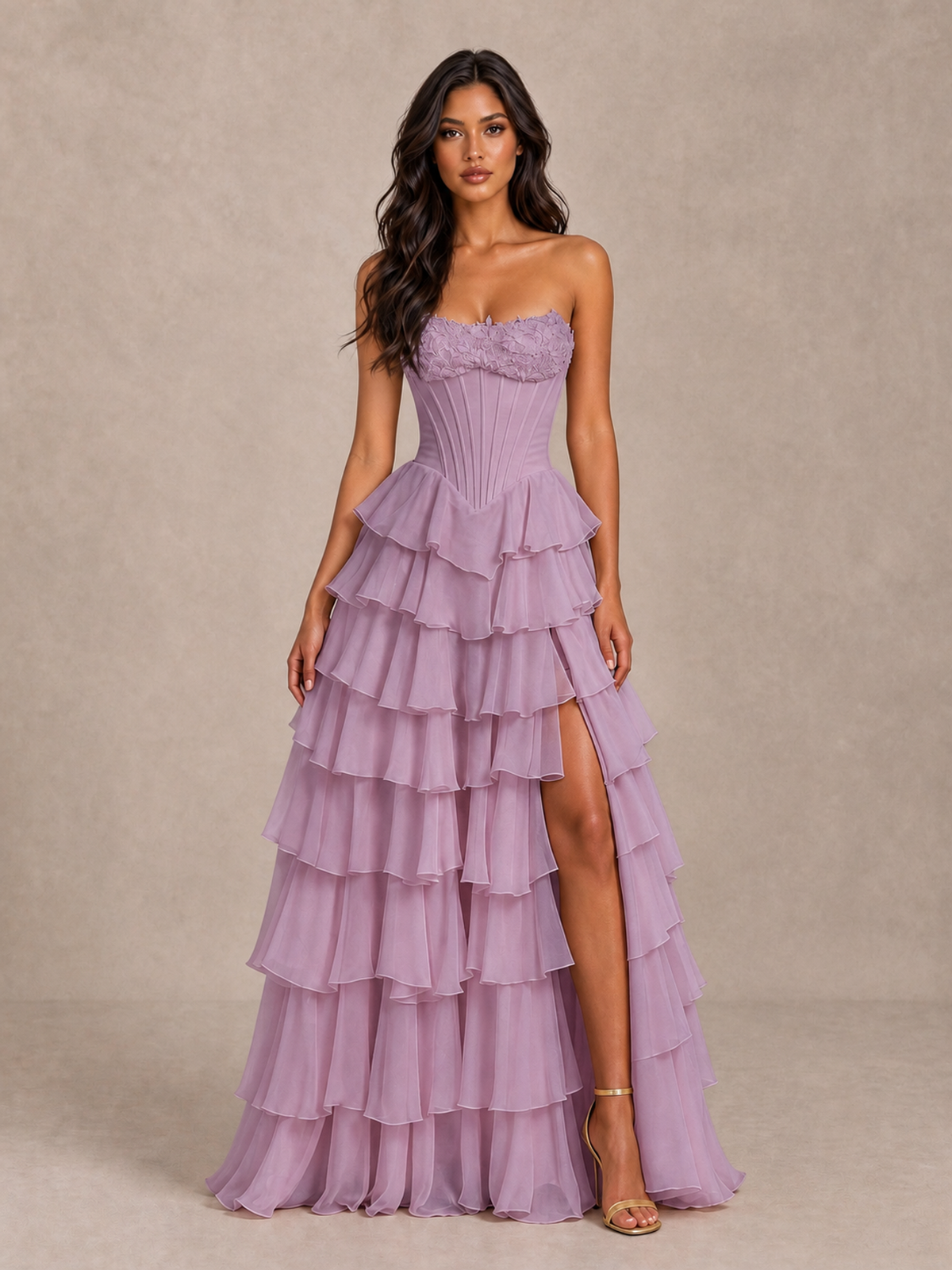BOLODOO Dusty Purple Strapless Corset Tiered Ruffle Prom Dress with High Slit - Dusty Purple - Dusty Purple_4