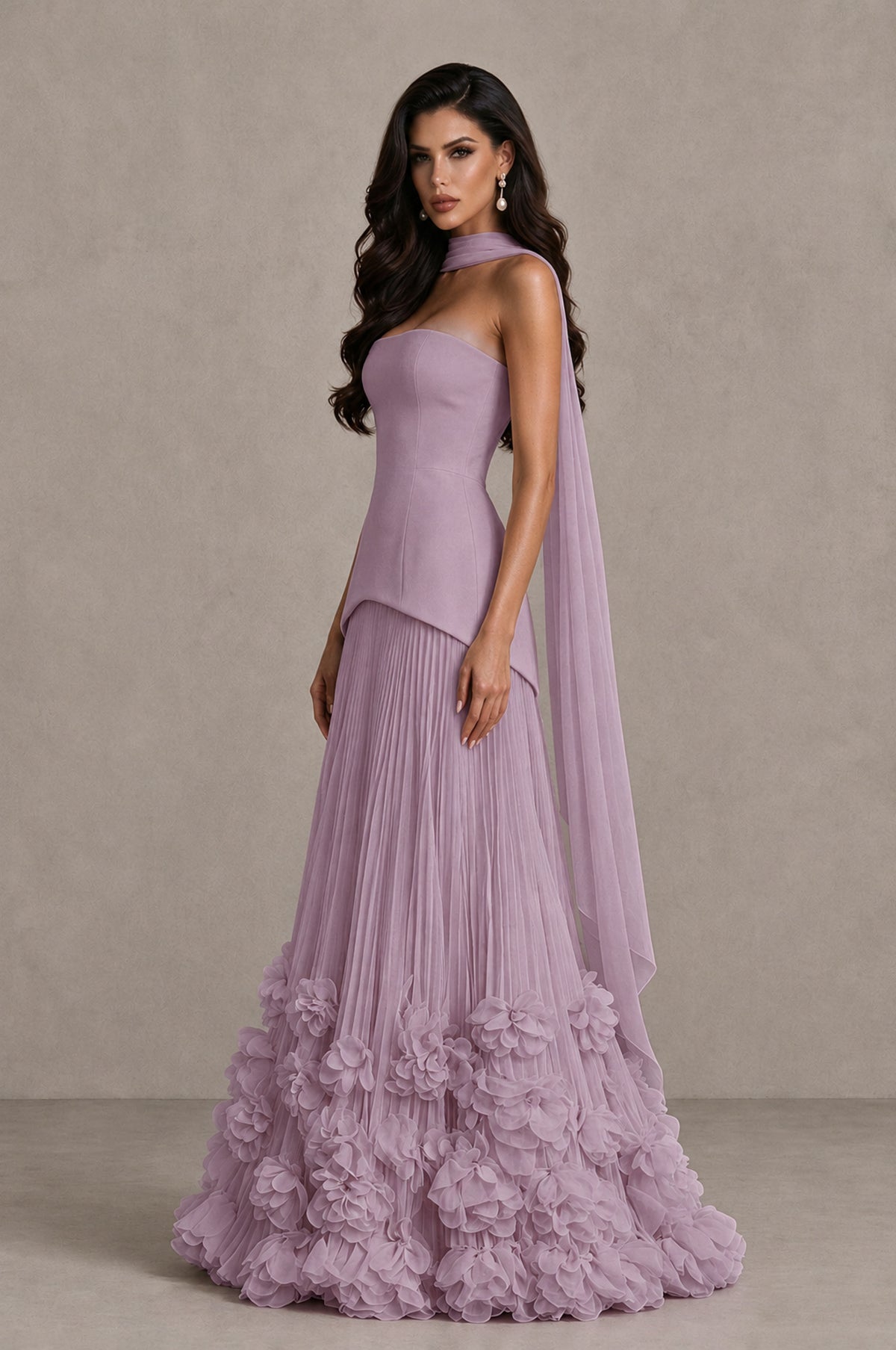 BOLODOO Dusty Purple Strapless Pleated Floral Hem Evening Gown - Dusty Purple - Dusty Purple_4