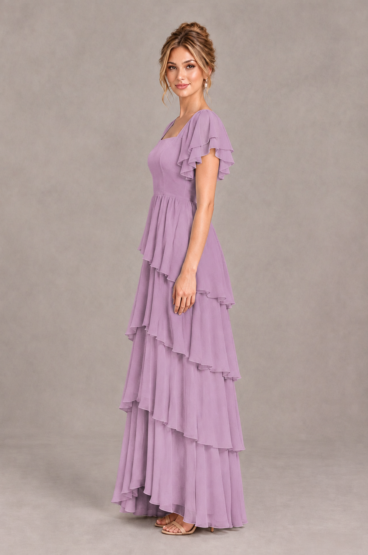 BOLODOO Dusty Purple Square Neck Flutter Sleeve Tiered Chiffon Bridesmaid Dress with Lace-Up Back - Dusty Purple - Dusty Purple_4