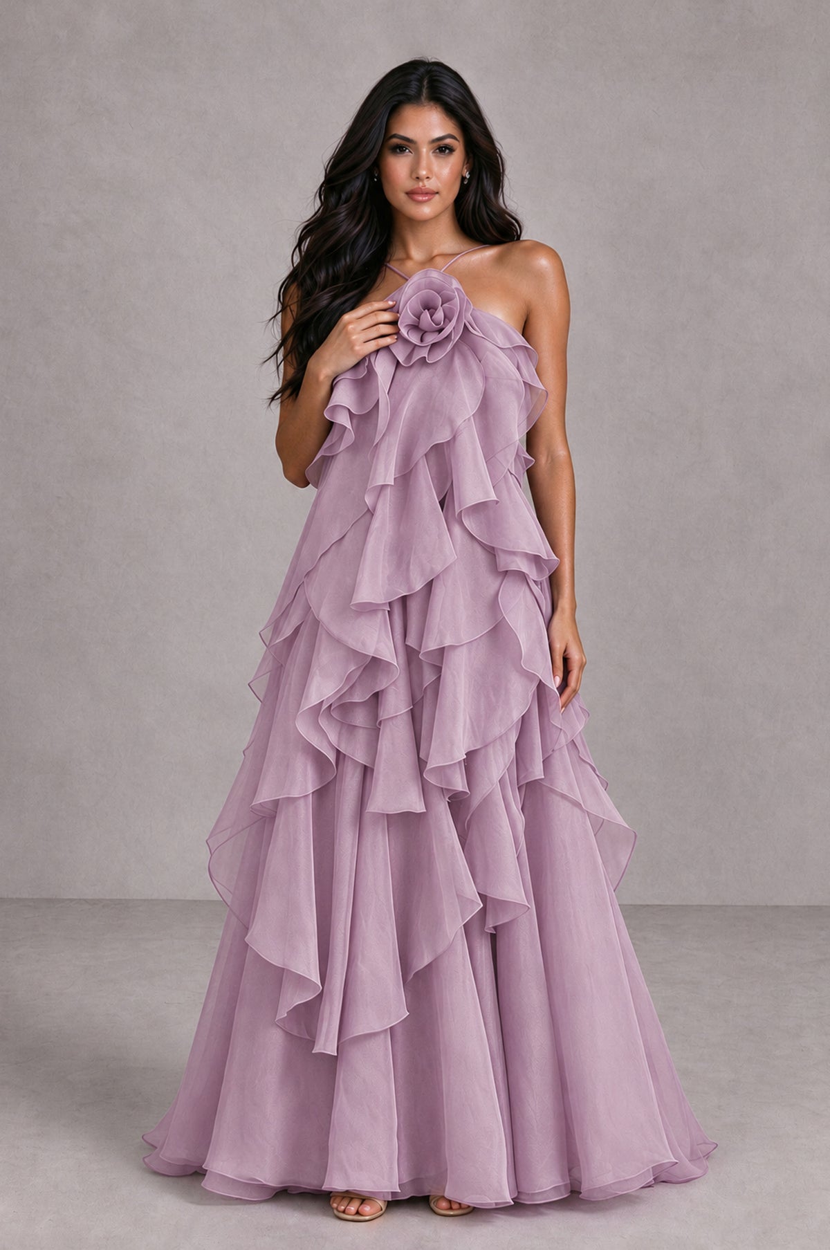 BOLODOO Dusty Purple Cascading Ruffle Rosette Open-Back Maxi Dress - Dusty Purple - Dusty Purple_4