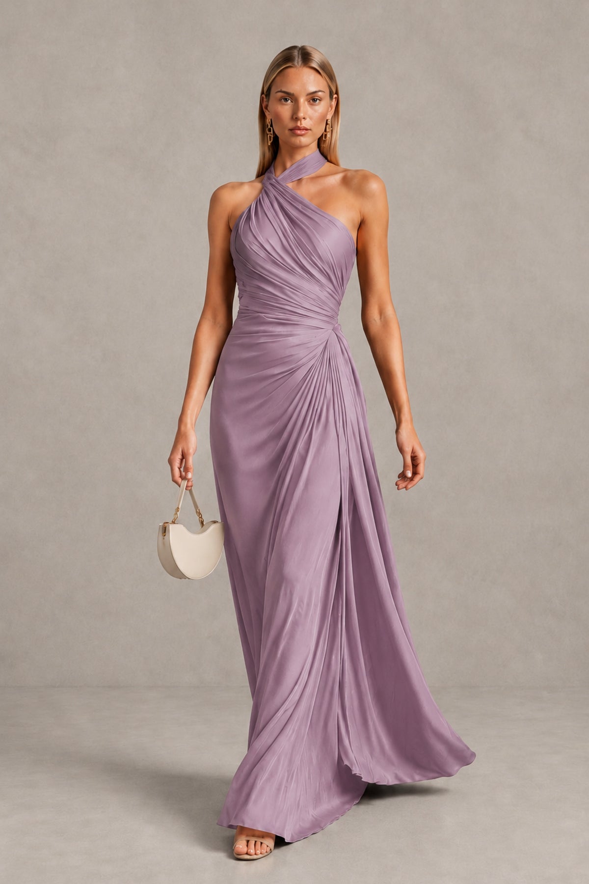 BOLODOO Dusty Purple Twisted Halter Neck Ruched Sleeveless Open Back Floor-Length Gown - Dusty Purple - Dusty_Purple_4