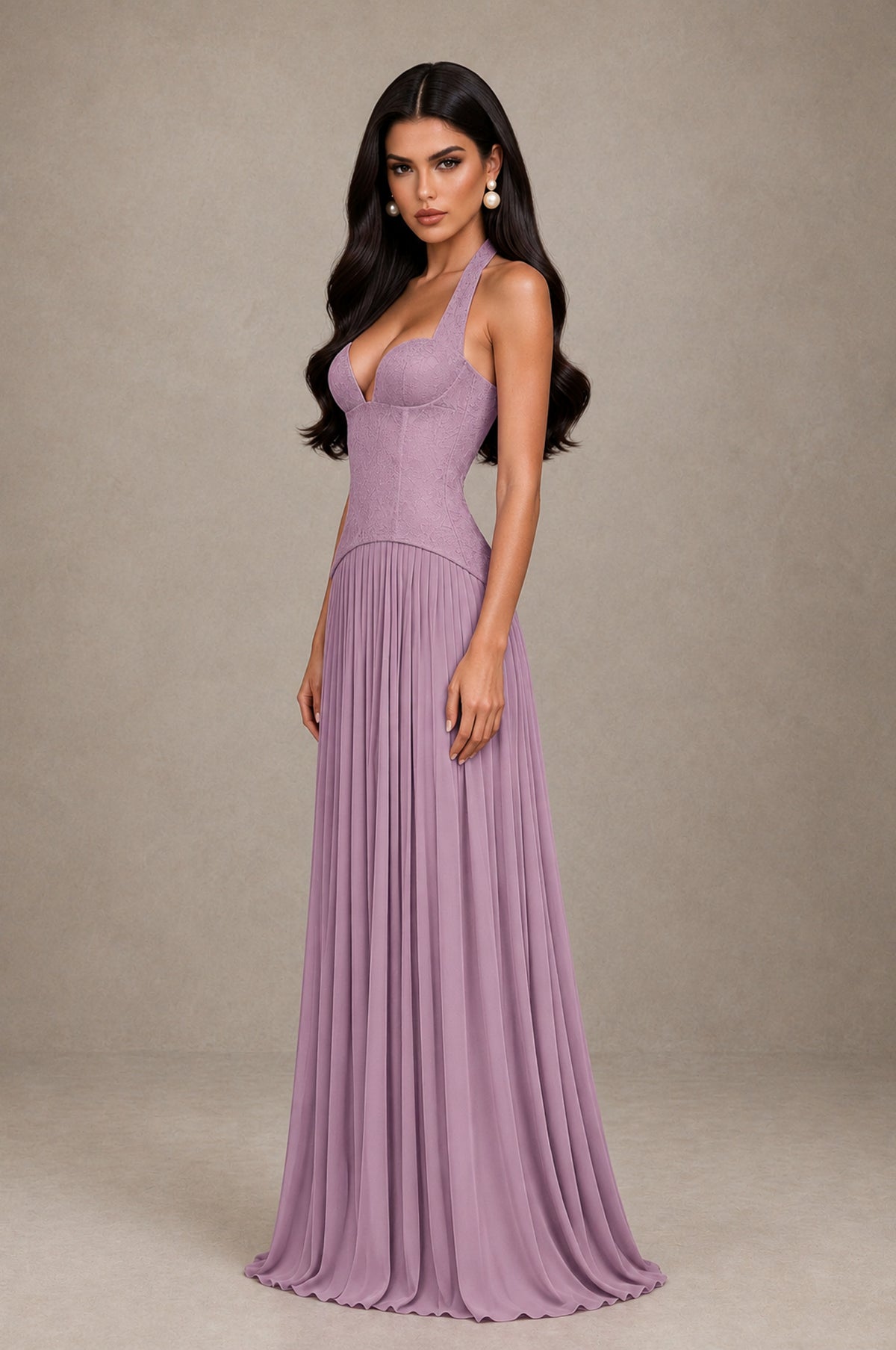 BOLODOO Dusty Purple Halter Corset Pleated A-Line Evening Dress - Dusty Purple - Dusty Purple_4