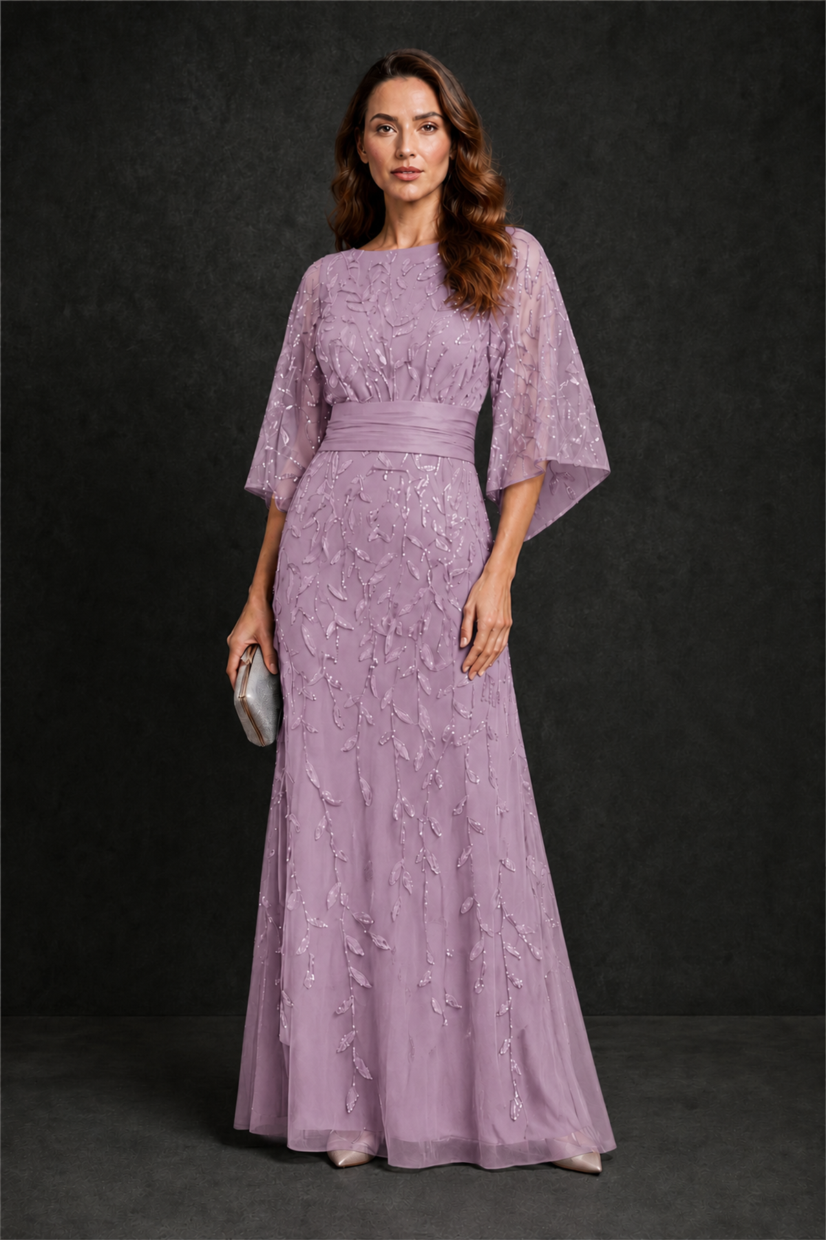 BOLODOO Dusty Purple Bateau Neck Bell Sleeve Sequin Embroidered Satin Waist A-Line Maxi Dress - Dusty Purple - Dusty_Purple_4