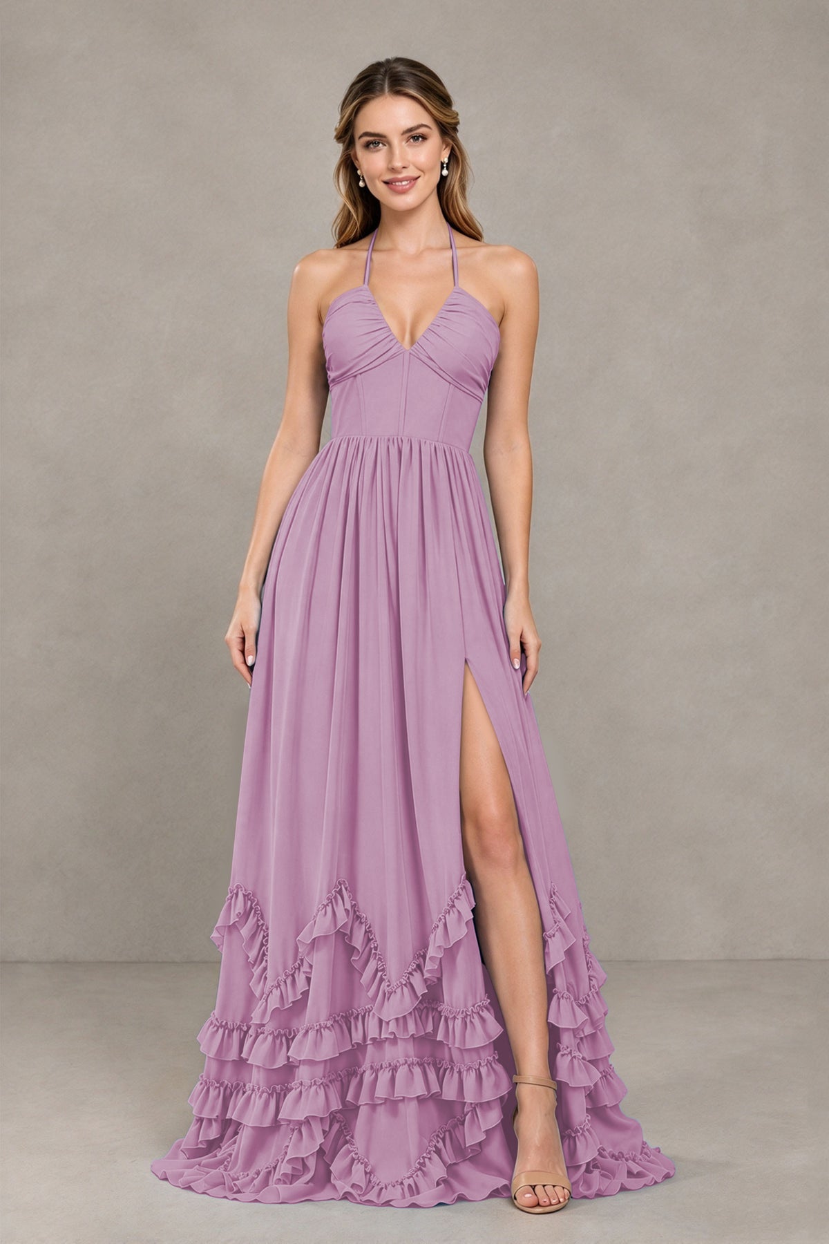 BOLODOO Dusty Purple Halter Ruffle Hem A-Line Bridesmaid Dress with High Slit - Dusty Purple - Dusty Purple(4)