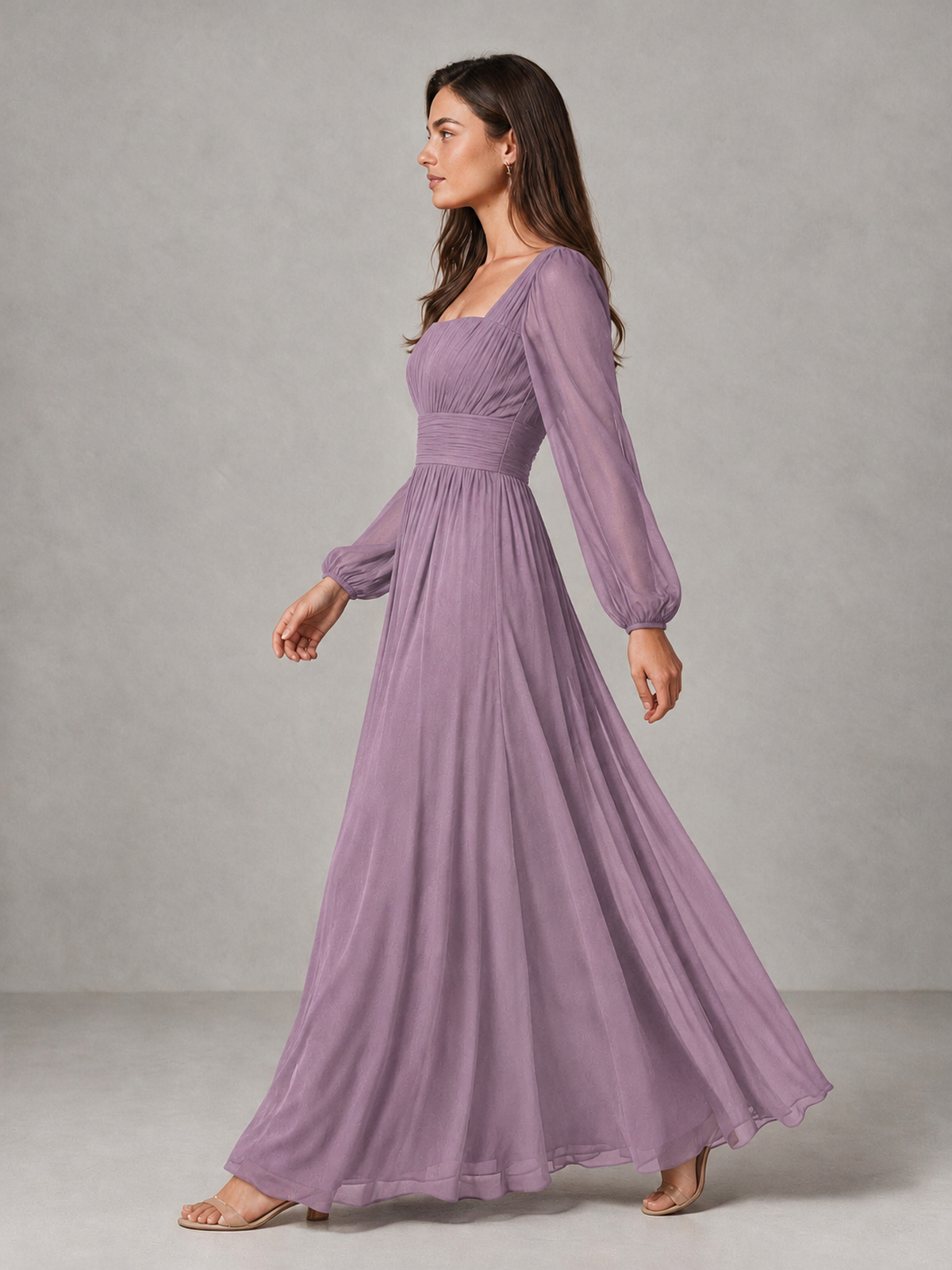 BOLODOO Dusty Purple Square Neck Long Sleeve Chiffon Bridesmaid Dress - Dusty Purple - Dusty Purple_4