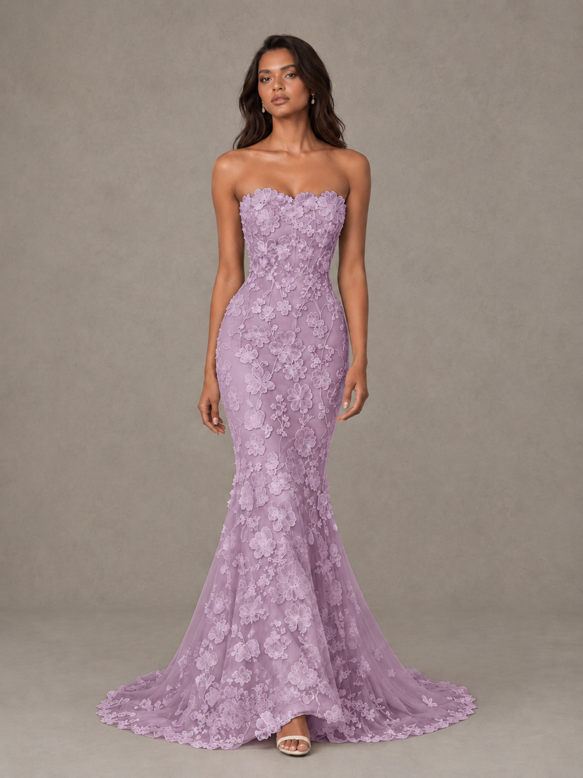 BOLODOO Dusty Purple Strapless 3D Floral Lace Mermaid Prom Dress with Train - Dusty Purple - Dusty Purple_4