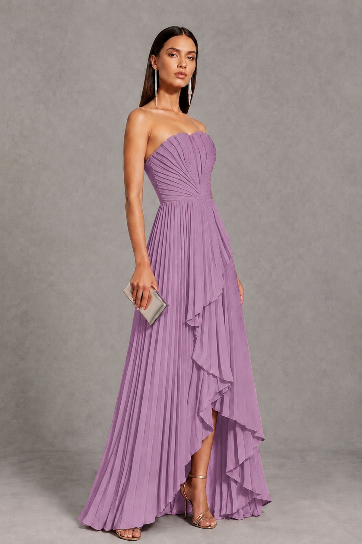 Dusty Purple Strapless Pleated High-Low Evening Gown with Ruffle Hem - Dusty Purple - Dusty_Purple_4