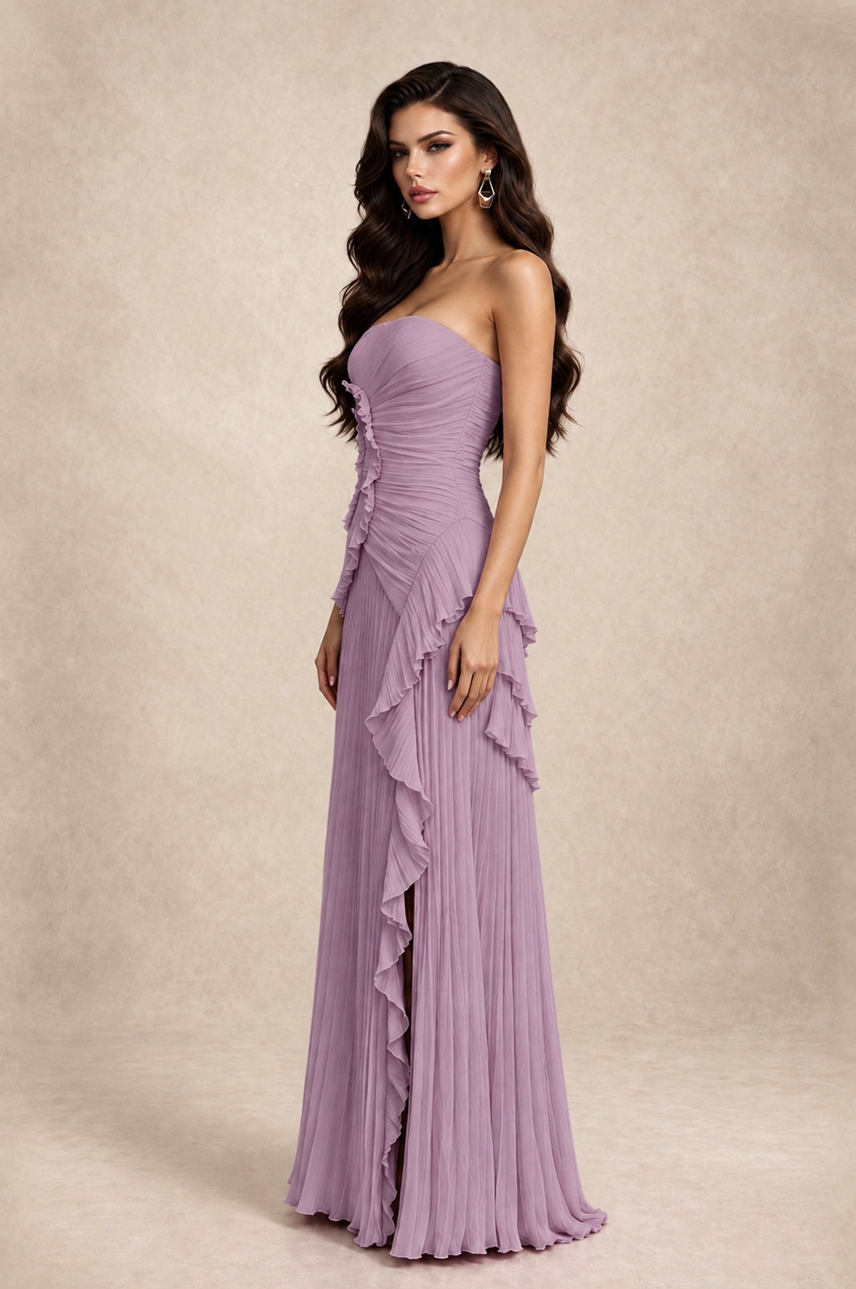 BOLODOO Dusty Purple Strapless Ruffle Pleated Slit Evening Gown - Dusty Purple - Dusty Purple_4