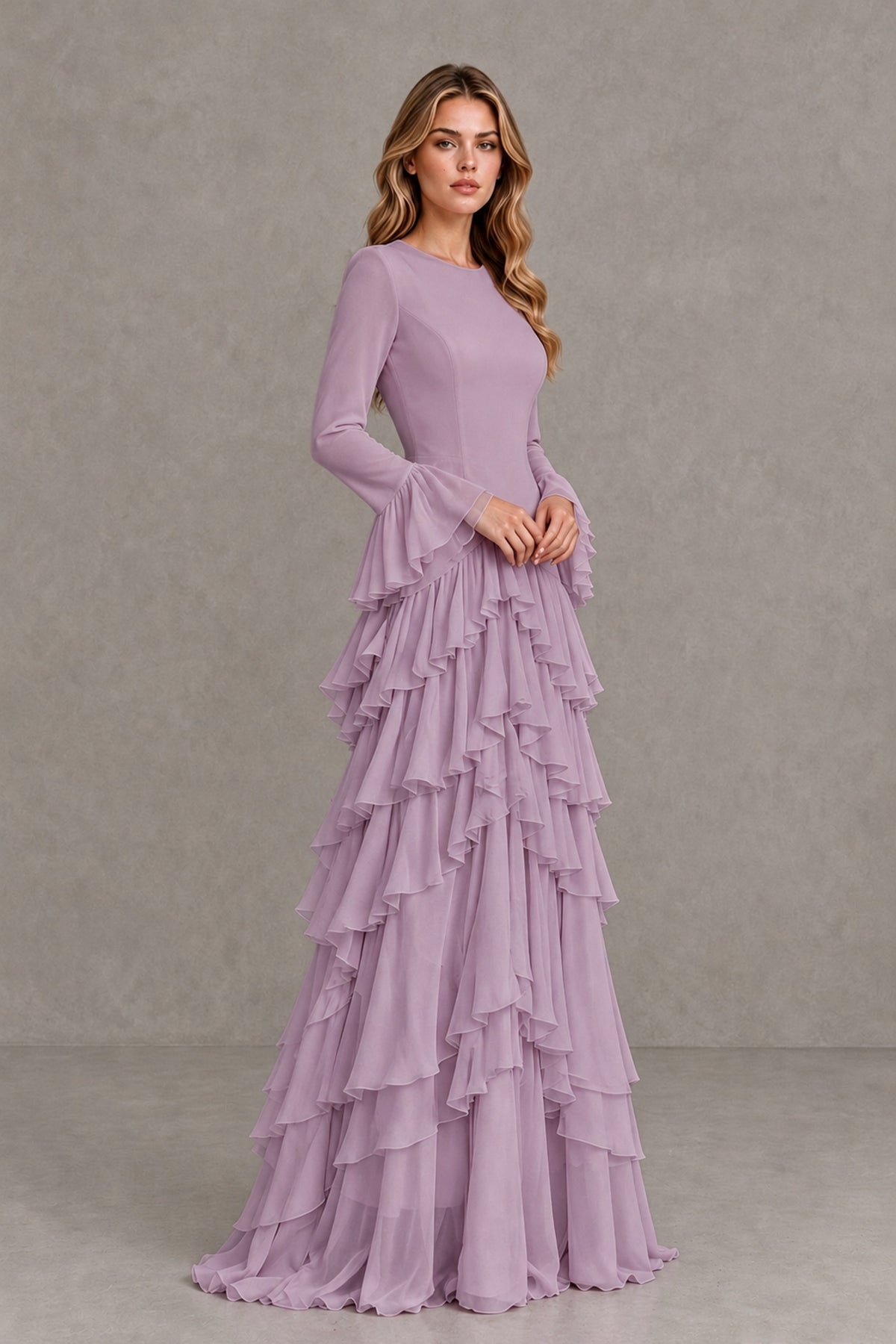Dusty Purple Long Sleeve Tiered Ruffle Evening Gown - Dusty Purple - Dusty Purple_4