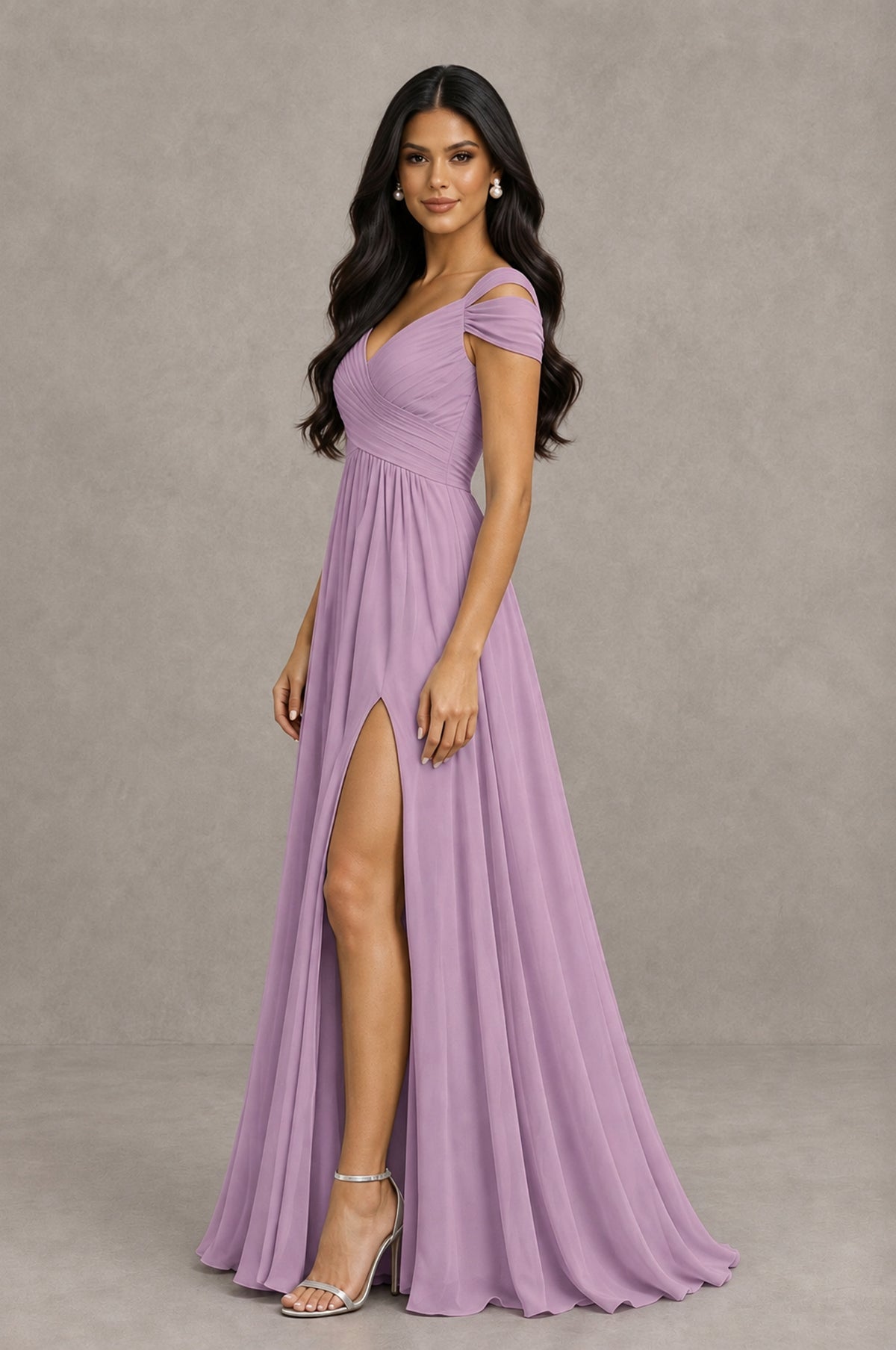BOLODOO Dusty Purple Cold Shoulder Chiffon Evening Dress with V Neck and High Slit - Dusty Purple - Dusty Purple_4