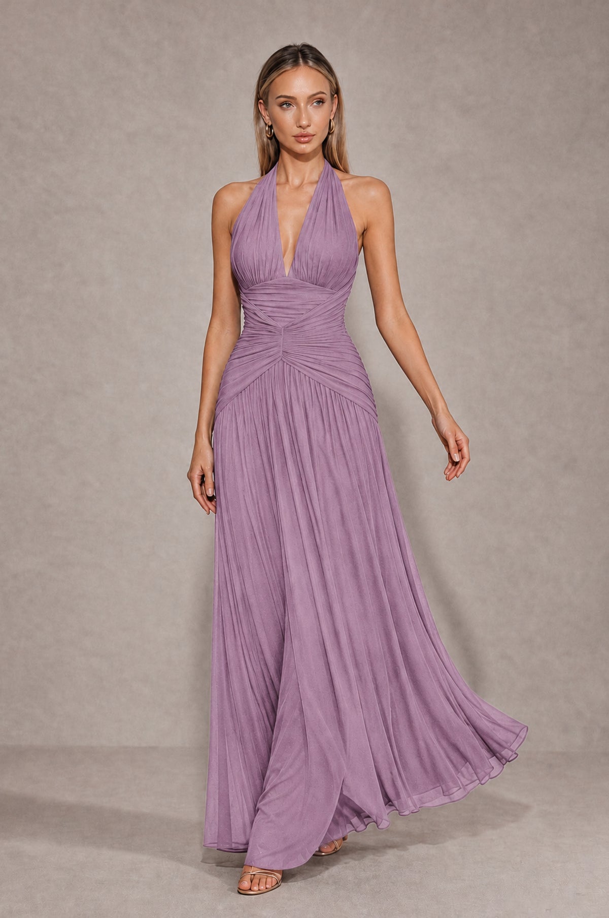 BOLODOO Dusty Purple Chiffon Halter Deep V-Neck Ruched A-Line Backless Maxi Dress with Train-BD0167 - Dusty Purple - Dusty Purple_4