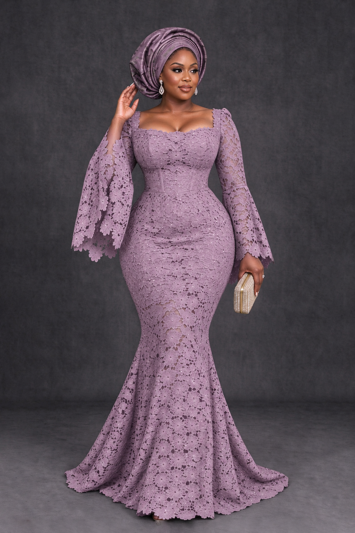 BOLODOO Dusty Purple African Lace Mermaid Dress, Plus Size Nigerian Wedding Guest Gown with Bell Sleeves - Dusty Purple - Dusty Purple_4