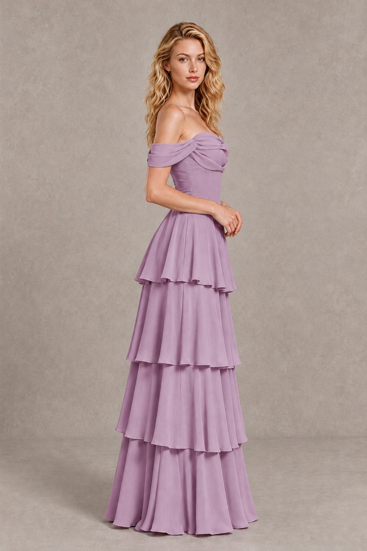 BOLODOO Dusty Purple Off-the-Shoulder Tiered A-Line Evening Bridesmaid Dress - Dusty Purple - Dusty Purple_4