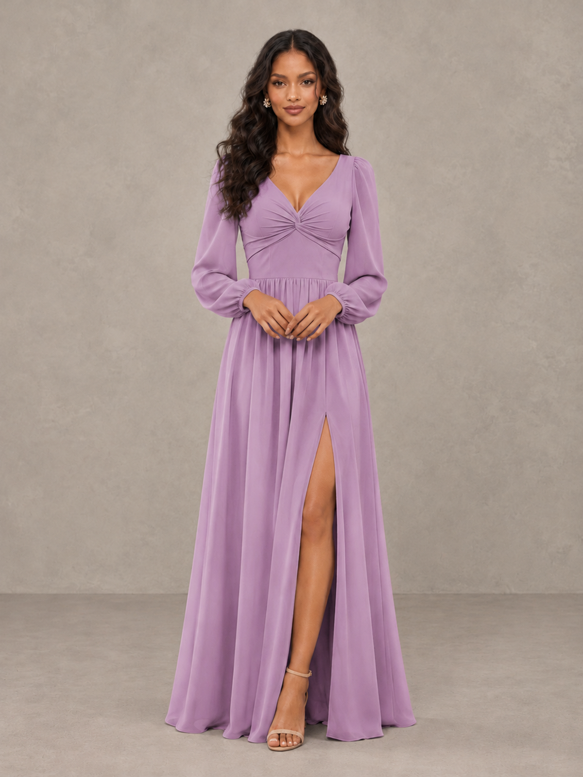 BOLODOO Dusty Purple V-Neck Long Sleeve Bridesmaid Dress with Tie Back and Slit - Dusty Purple - Dusty Purple_5