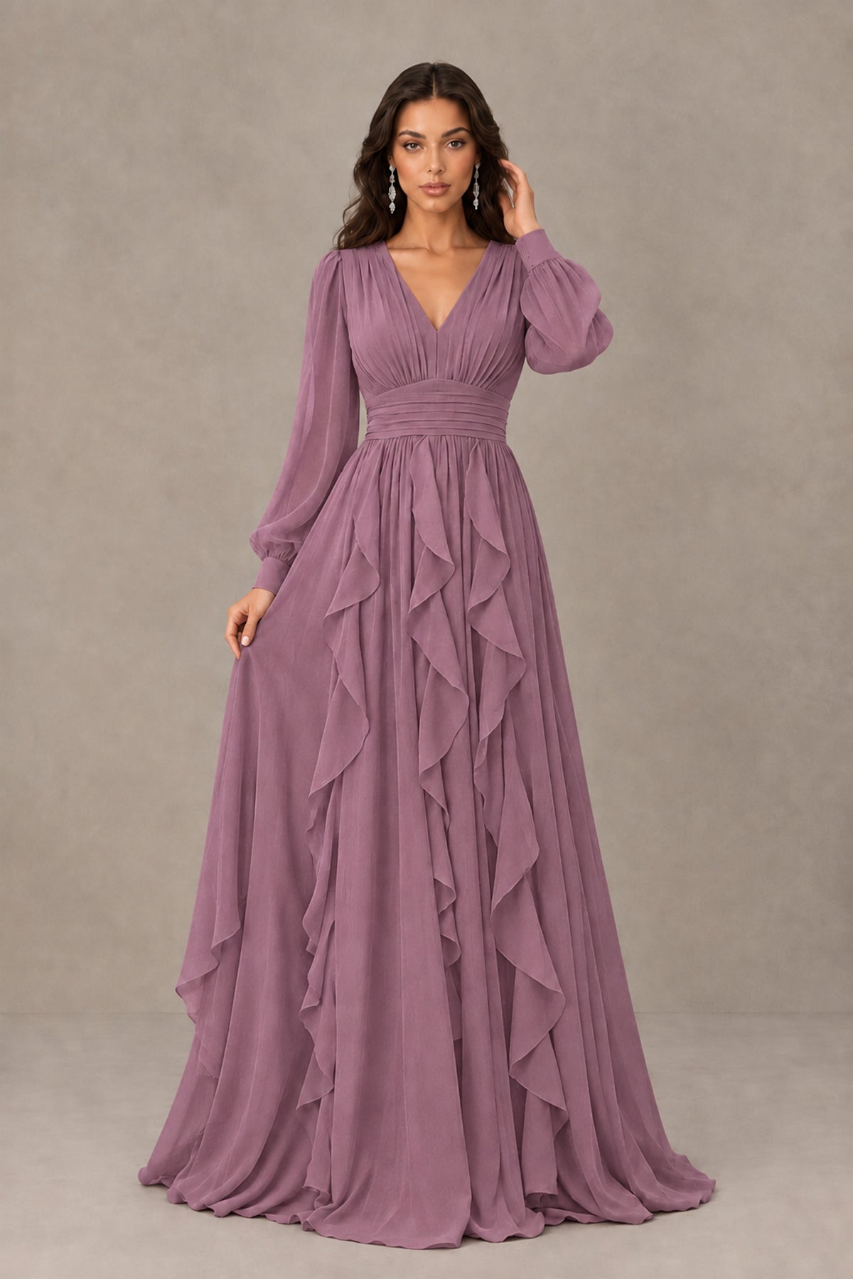 BOLODOO Dusty Purple Long Sleeve V-Neck Ruffle Maxi Dress - Dusty Purple - Dusty Purple (1)