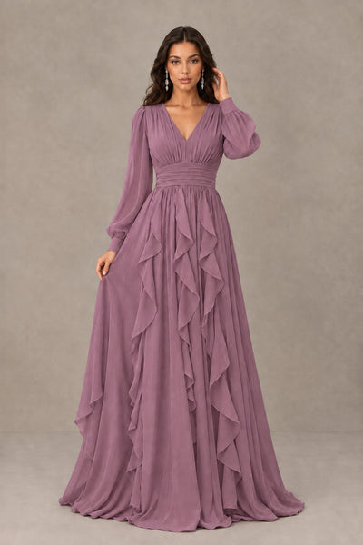 BOLODOO Dusty Purple Long Sleeve V-Neck Ruffle Maxi Dress - Dusty Purple - Dusty Purple (1)