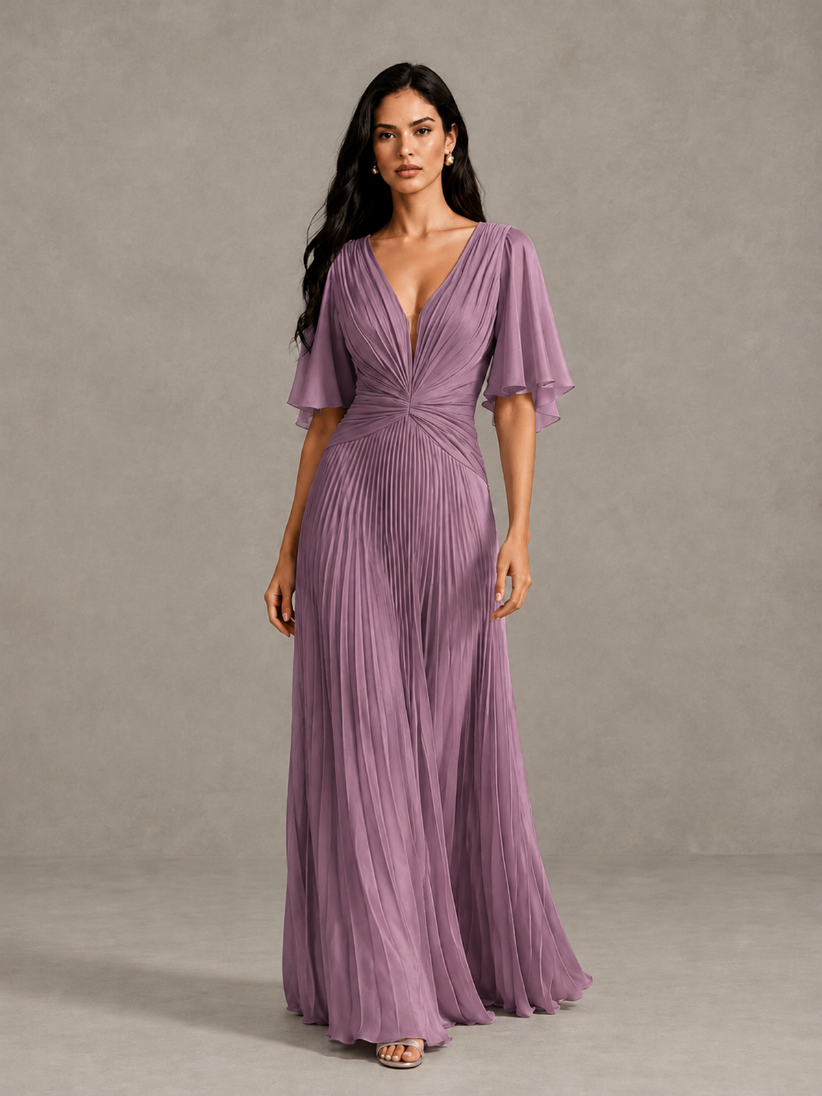 BOLODOO Dusty Purple Pleated V-Neck Flutter Sleeve Bridesmaid Dress - Dusty Purple - Dusty Purple (1)