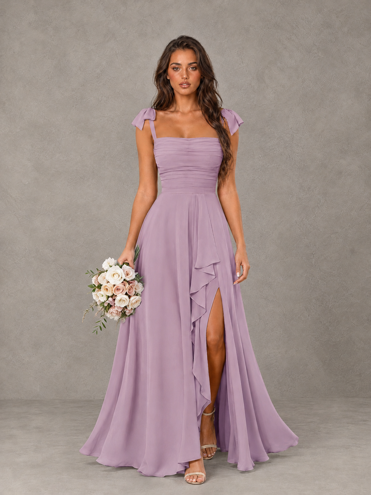 BOLODOO Dusty Purple Bow-Strap Bridesmaid Dress with Ruffle Slit - Dusty Purple - Dusty Purple (1)