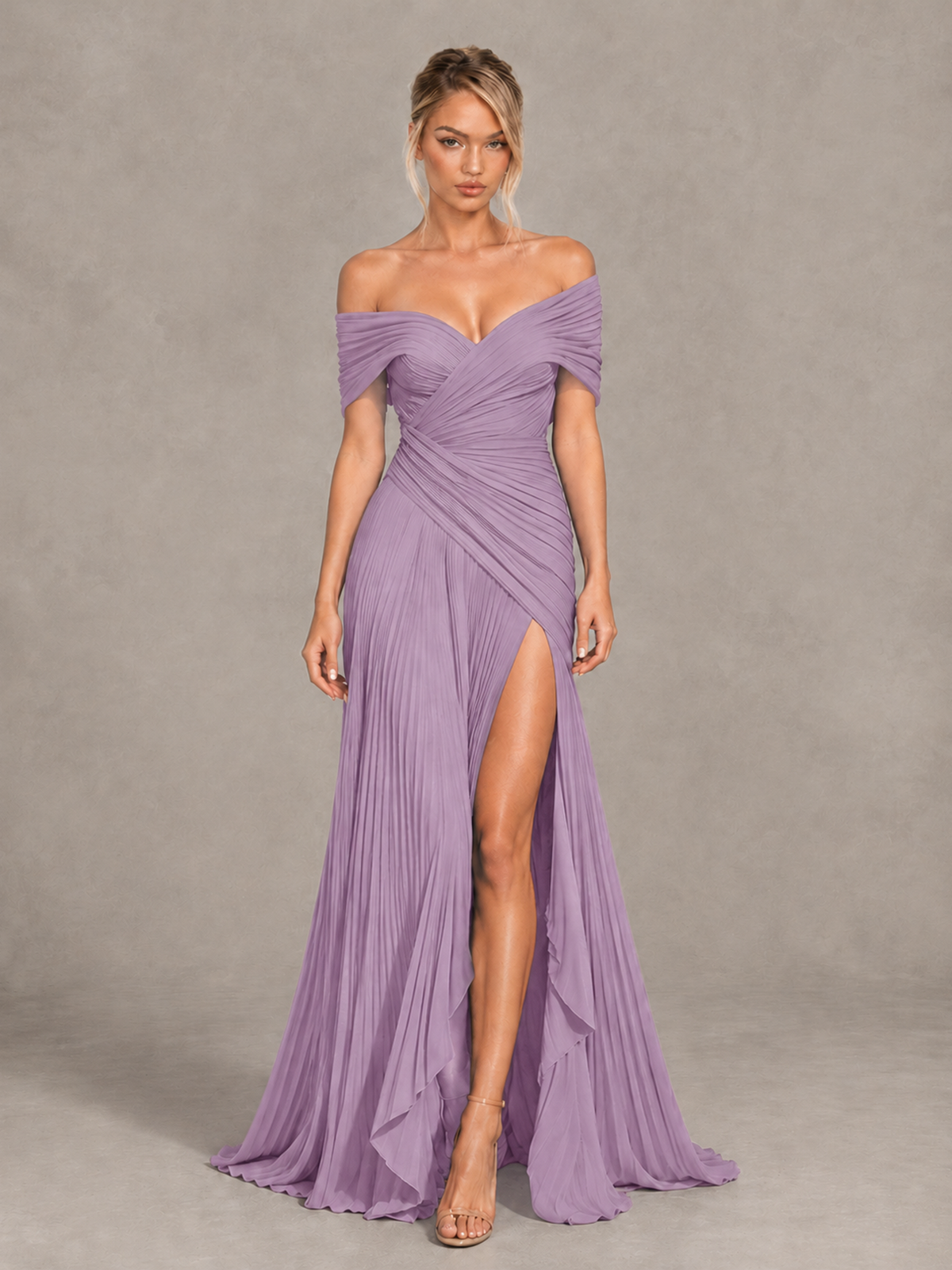 BOLODOO Dusty Purple Off-Shoulder Ruched Pleated Maxi Dress with High Slit - Dusty Purple - Dusty Purple (1)