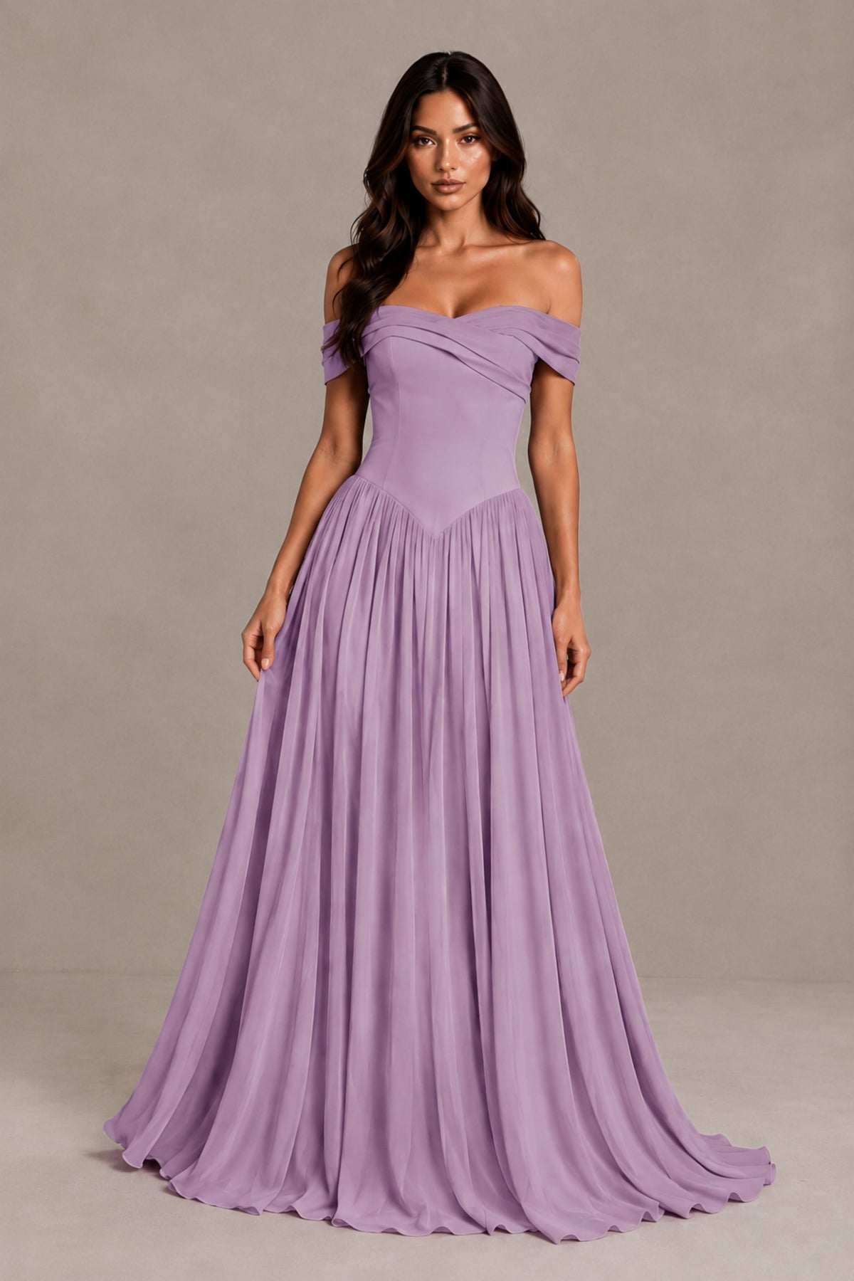 BOLODOO Dusty Purple Off-Shoulder Sweetheart Corset Pleated Chiffon Maxi Dress - Dusty Purple - Dusty Purple (1)