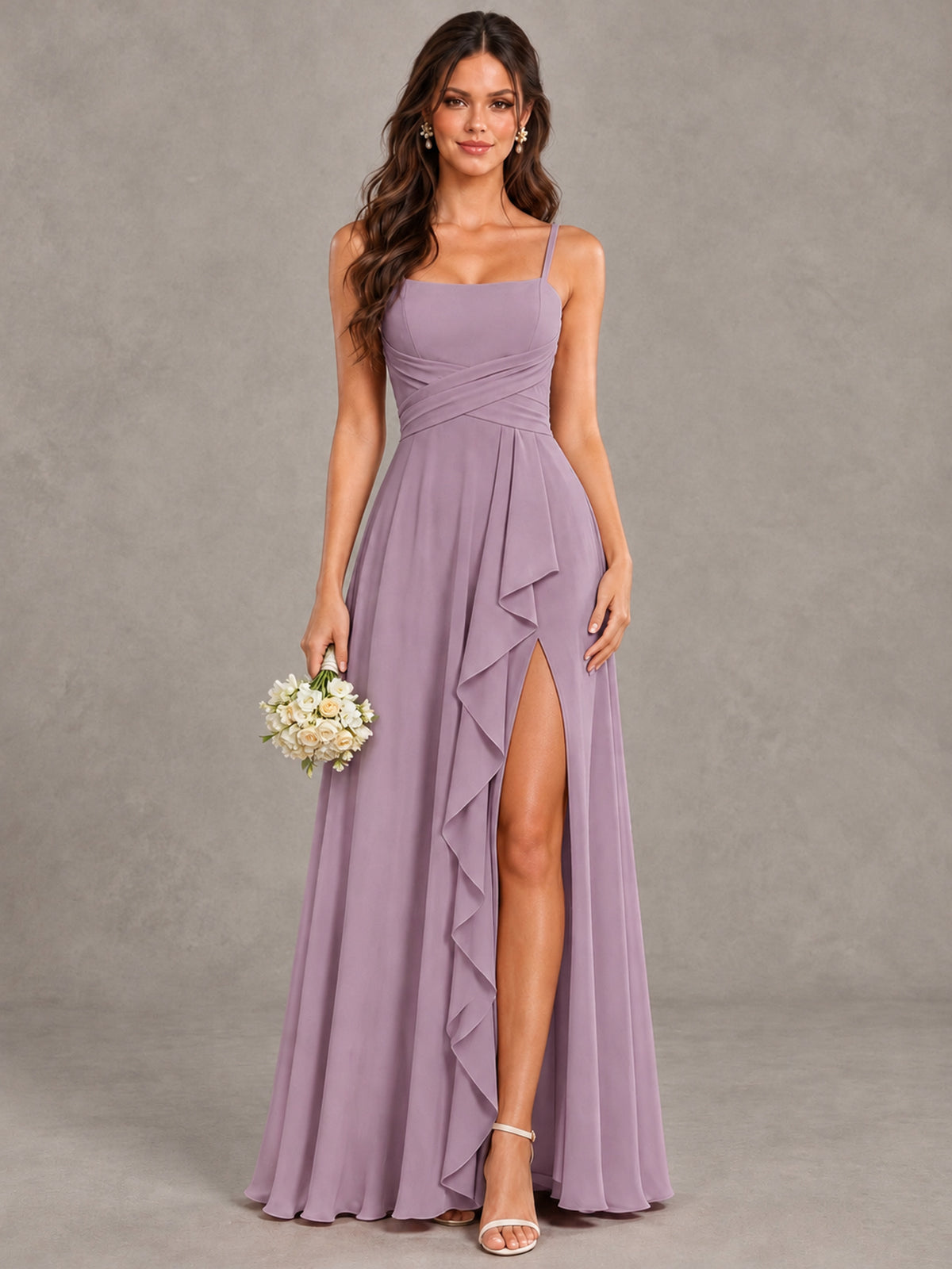 BOLODOO Dusty Purple Spaghetti Strap Ruffle Bridesmaid Dress with Slit - Dusty Purple - Dusty Purple (1)