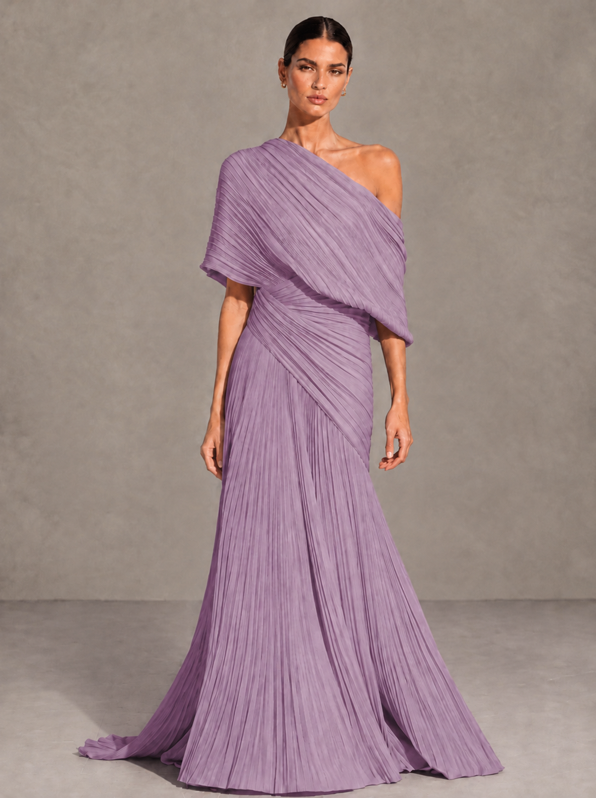 BOLODOO Dusty Purple One-Shoulder Pleated Cape Evening Gown with Train - Dusty Purple - Dusty Purple (1)