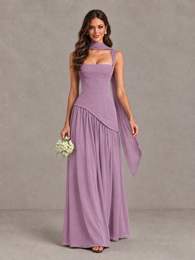 BOLODOO Dusty Purple Brown Scarf Bridesmaid Dress with Lace-Up Back - Dusty Purple - Dusty Purple (1)