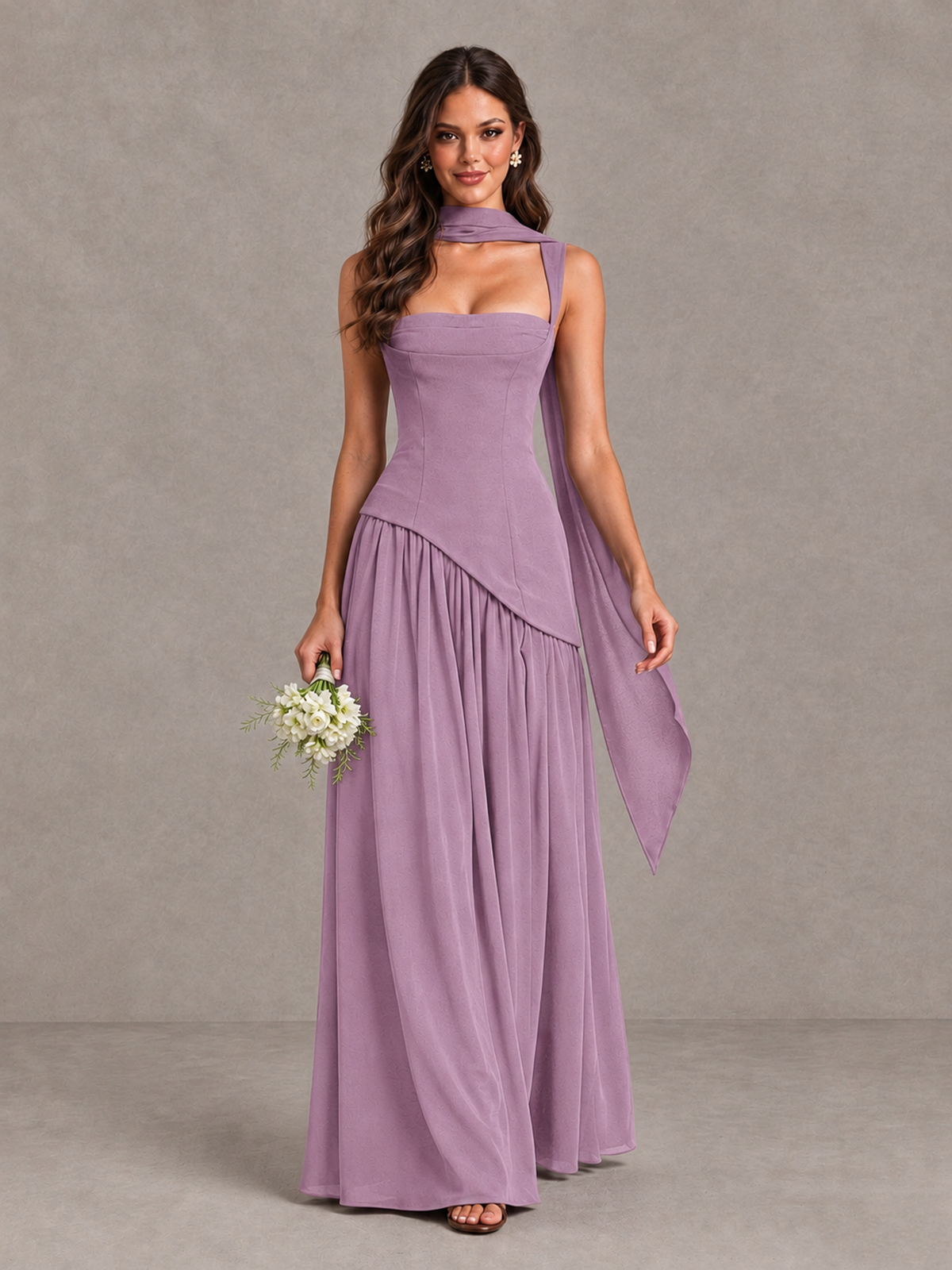 BOLODOO Dusty Purple Brown Scarf Bridesmaid Dress with Lace-Up Back - Dusty Purple - Dusty Purple (1)