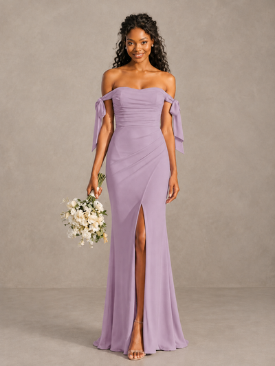 Dusty Purple Off-Shoulder Bow Bridesmaid Dress with Slit - Dusty Purple - Dusty Purple (1)