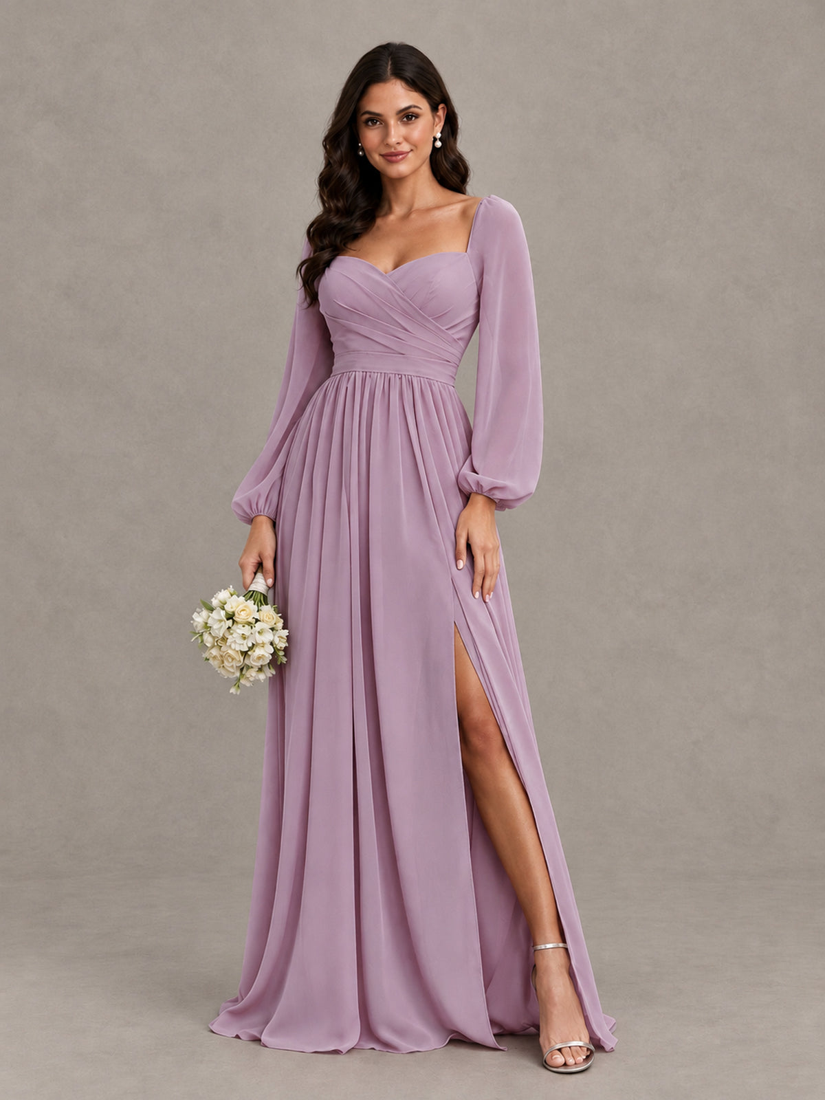 BOLODOO Dusty Purple Long Sleeve Chiffon Bridesmaid Dress with Slit - Dusty Purple - Dusty Purple (1)