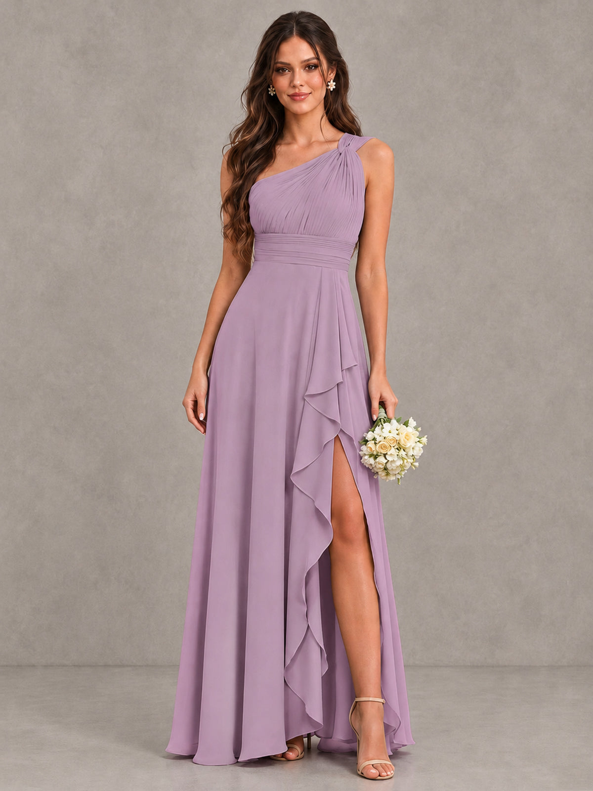 BOLODOO Dusty Purple One-Shoulder Ruffle Bridesmaid Dress with Slit - Dusty Purple - Dusty Purple (1)