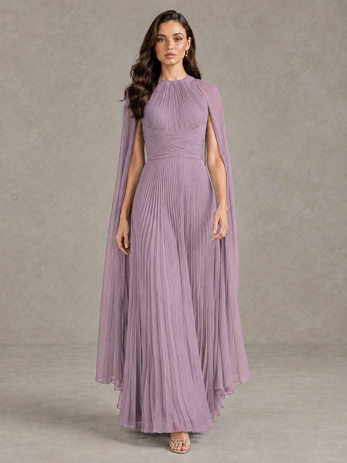 BOLODOO Dusty Purple Pleated Cape Maxi Wedding Guest Dress - Dusty Purple - Dusty Purple (1)