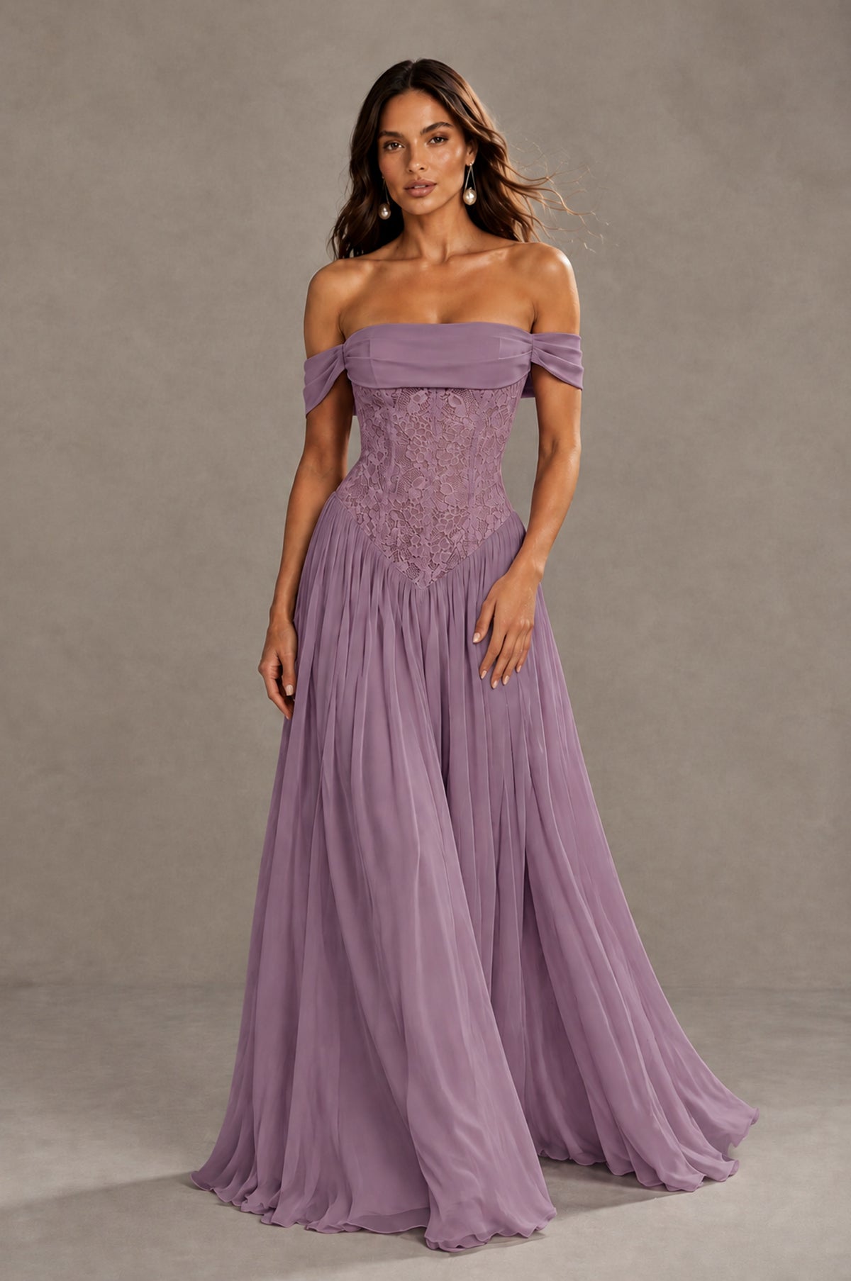 BOLODOO Dusty Purple Off-Shoulder Lace Corset Tulle Maxi Dress - Dusty Purple - Dusty Purple (1)
