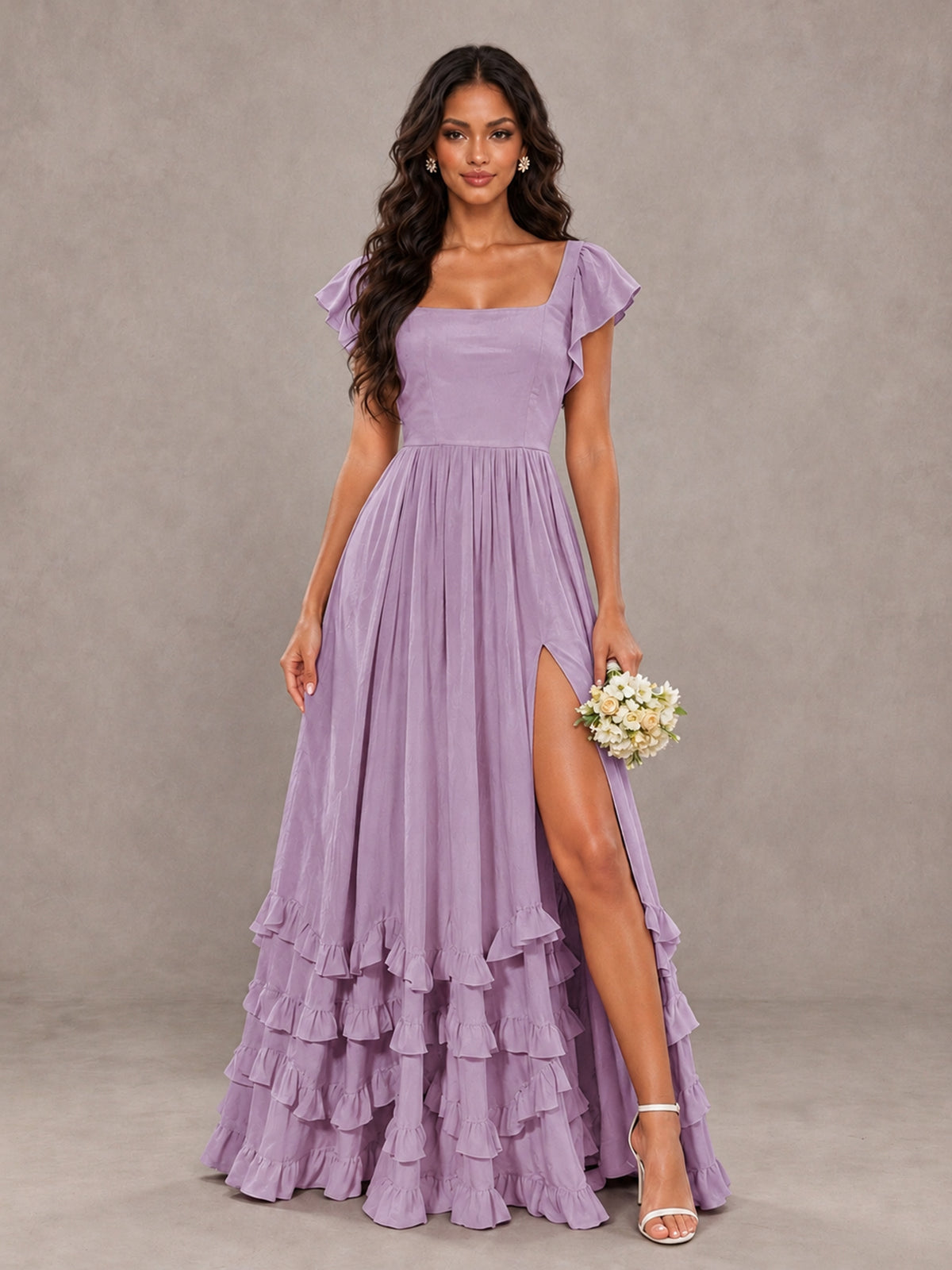 BOLODOO Dusty Purple Flutter Sleeve Ruffle Bridesmaid Dress with Slit - Dusty Purple - Dusty Purple (1)