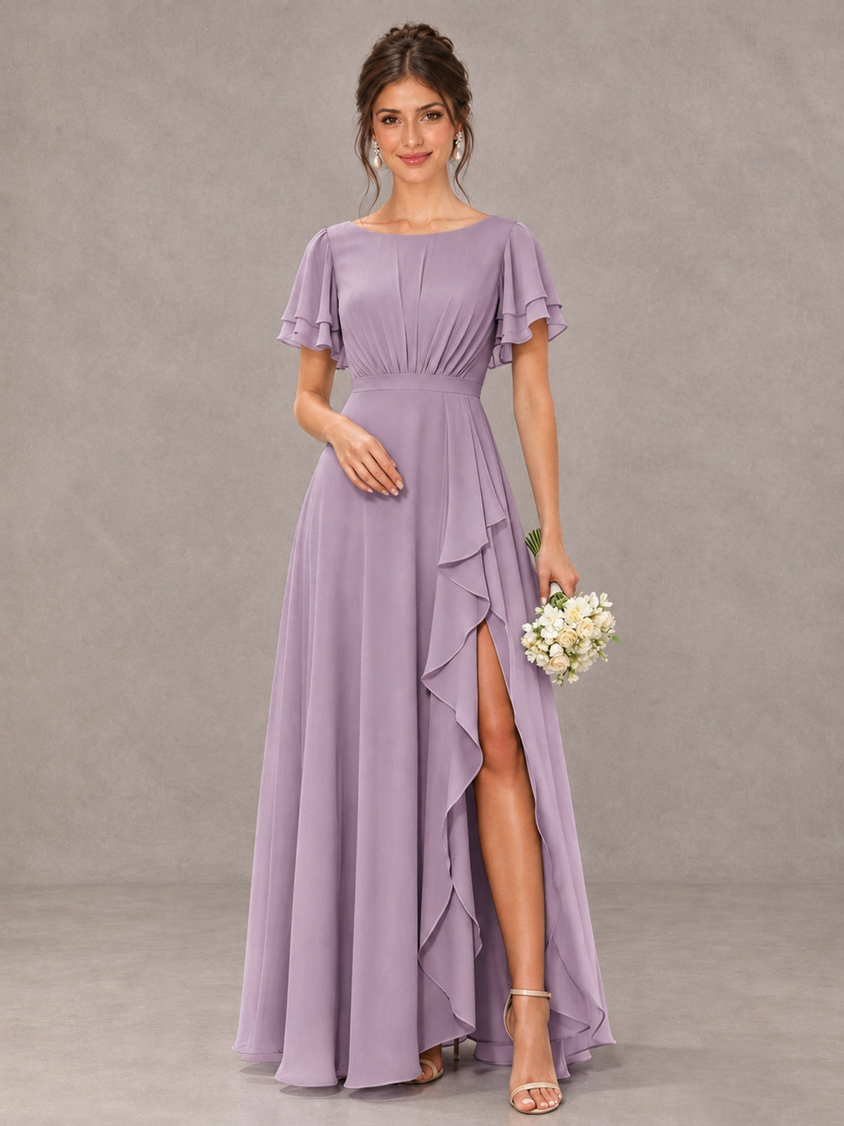BOLODOO Dusty Purple Flutter Sleeve Ruffle Bridesmaid Dress with Slit - Dusty Purple - Dusty Purple (1)