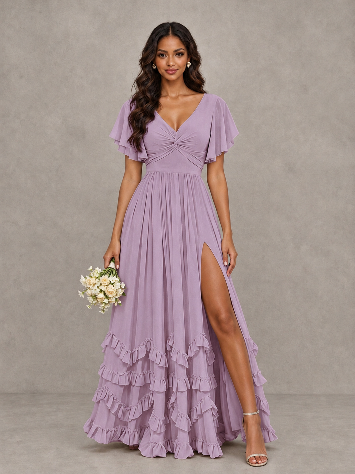 BOLODOO Dusty Purple V-Neck Flutter Sleeve Ruffle Bridesmaid Dress with Slit - Dusty Purple - Dusty Purple (1)