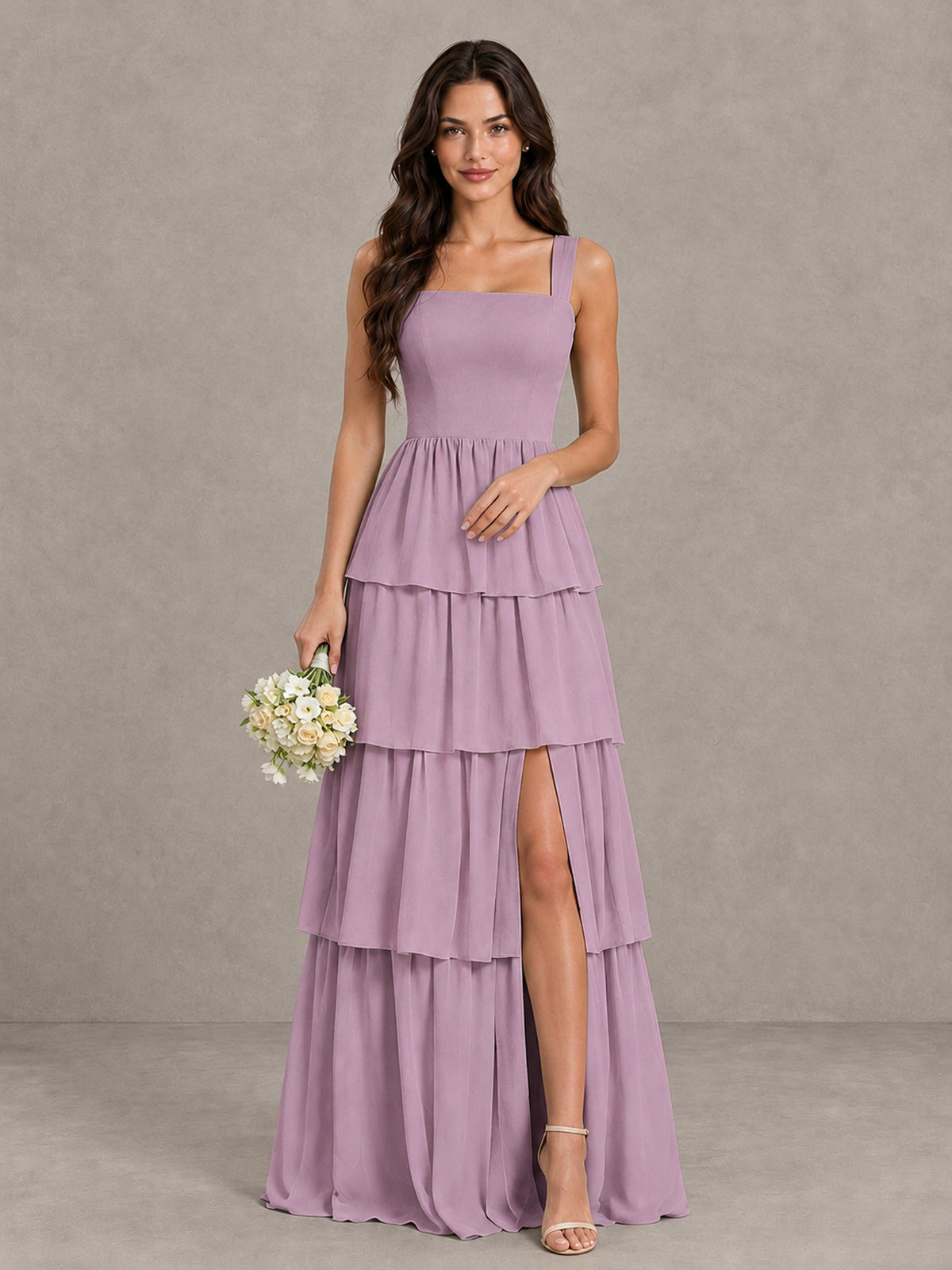 BOLODOO Dusty Purple Square Neck Tiered Bridesmaid Dress with Slit - Dusty Purple - Dusty Purple (1)