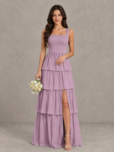 BOLODOO Dusty Purple Square Neck Tiered Bridesmaid Dress with Slit - Dusty Purple - Dusty Purple (1)