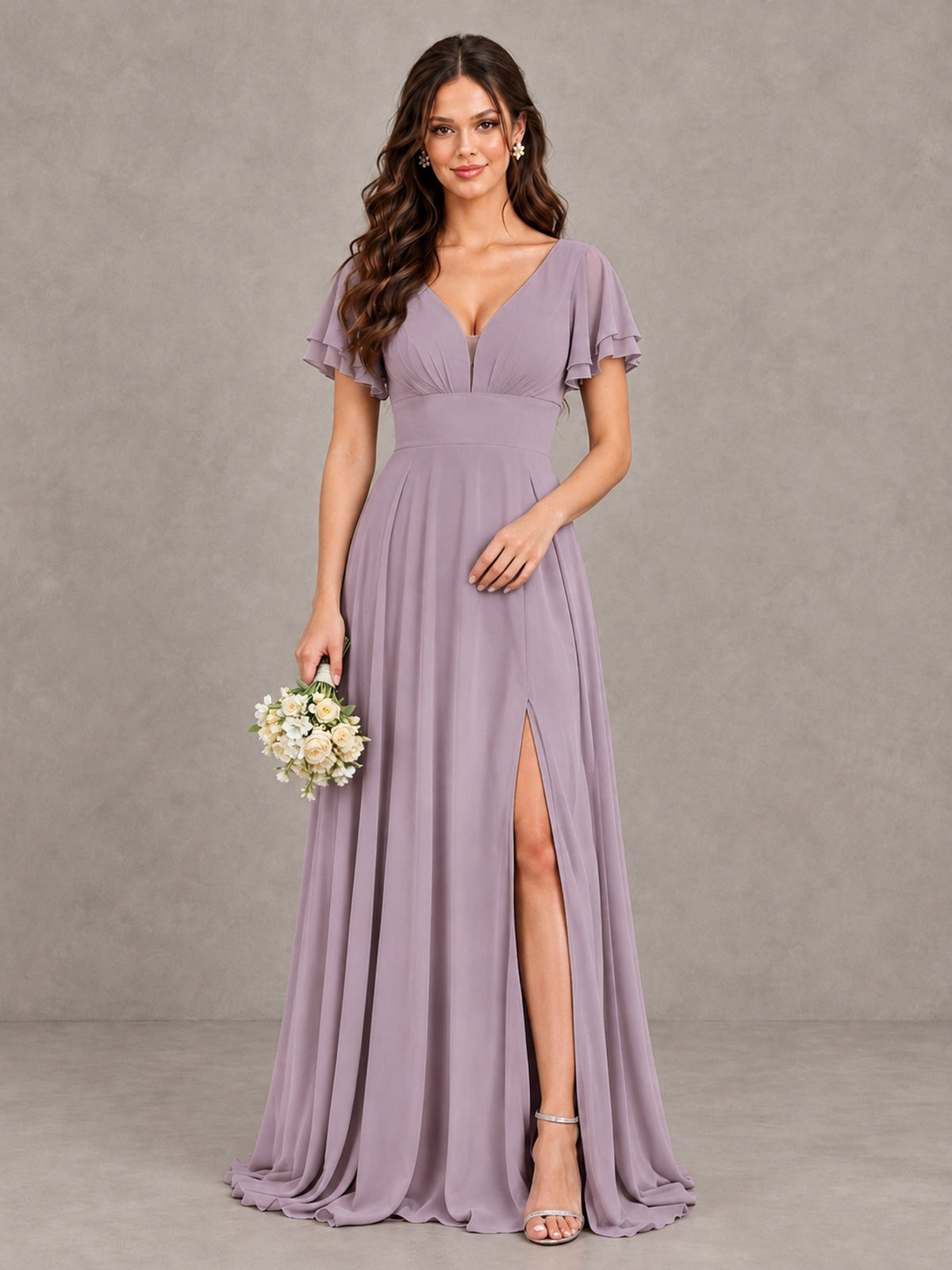 BOLODOO Dusty Purple Flutter Sleeve Chiffon A-Line Maxi Bridesmaid Dress with Open Back & Slit - Dusty Purple - Dusty Purple (1)