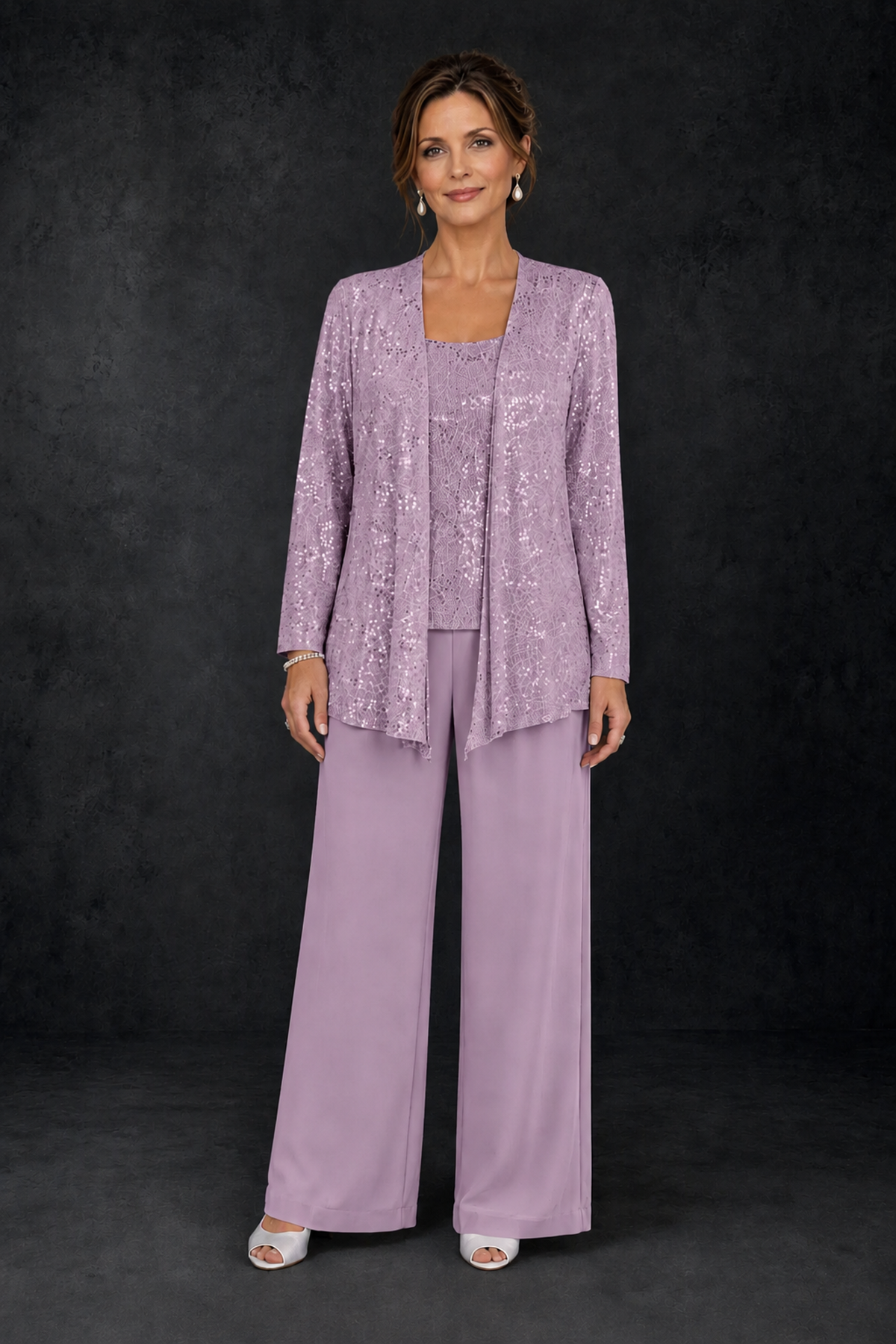BOLODOO Dusty Purple Sequin Lace 3-Piece Pant Suit with Long Sleeve Jacket - Dusty Purple - Dusty Purple (1)