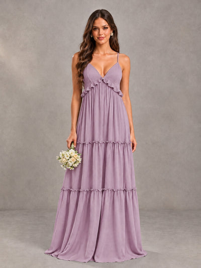 BOLODOO Dusty Purple Tiered V-Neck Lace-Up Back Bridesmaid Dress - Dusty Purple - Dusty Purple (1)