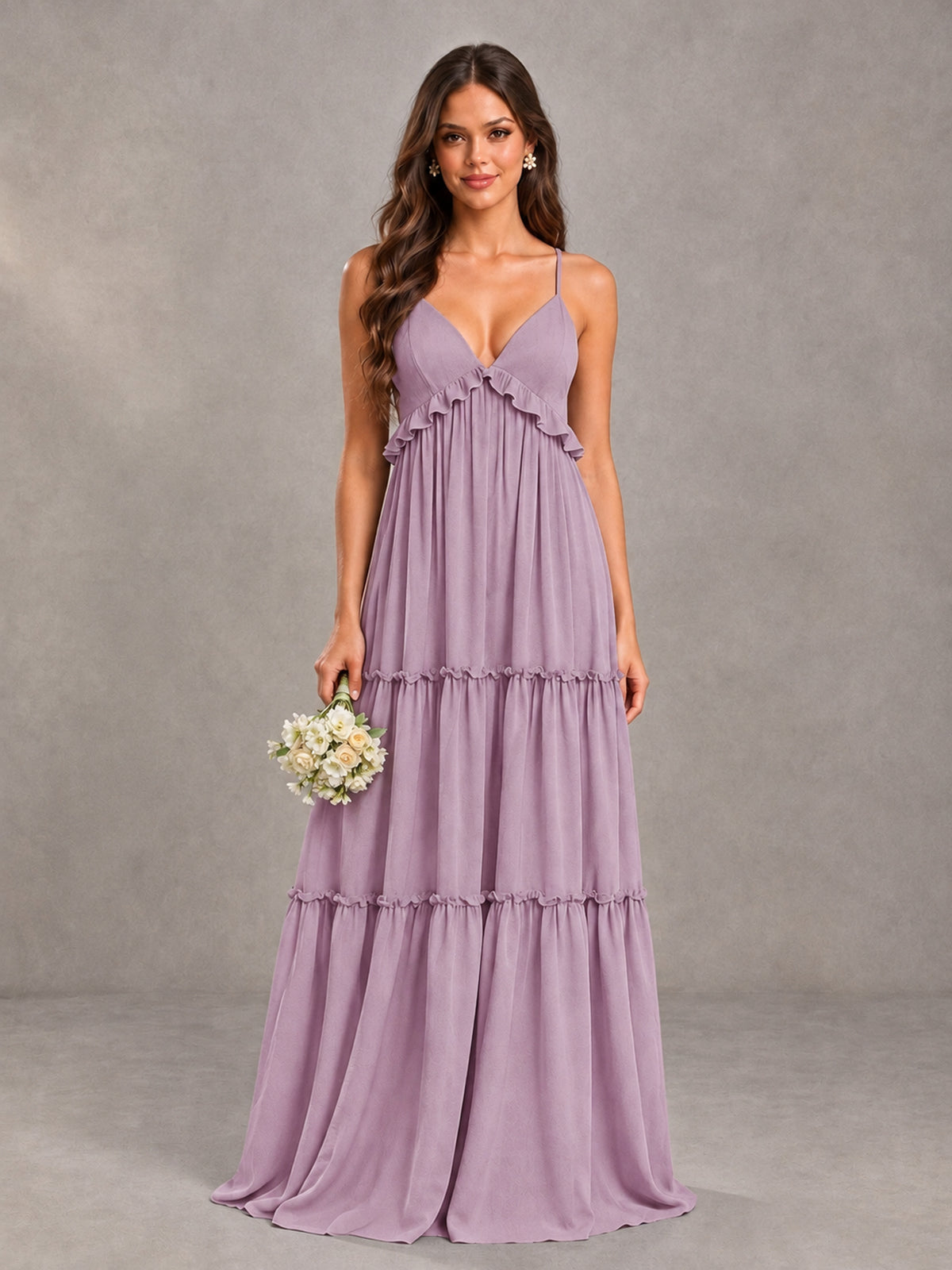 BOLODOO Dusty Purple Tiered V-Neck Lace-Up Back Bridesmaid Dress - Dusty Purple - Dusty Purple (1)