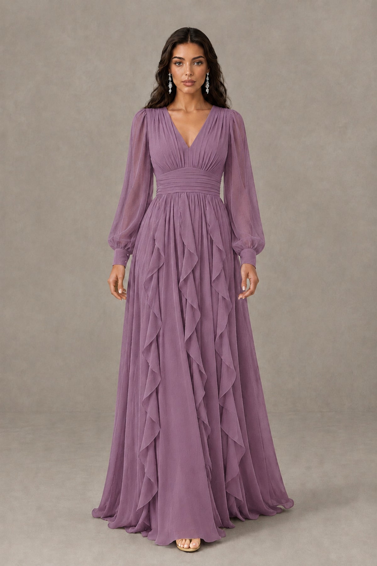 BOLODOO Dusty Purple Long Sleeve V-Neck Ruffle Maxi Dress - Dusty Purple - Dusty Purple (2)