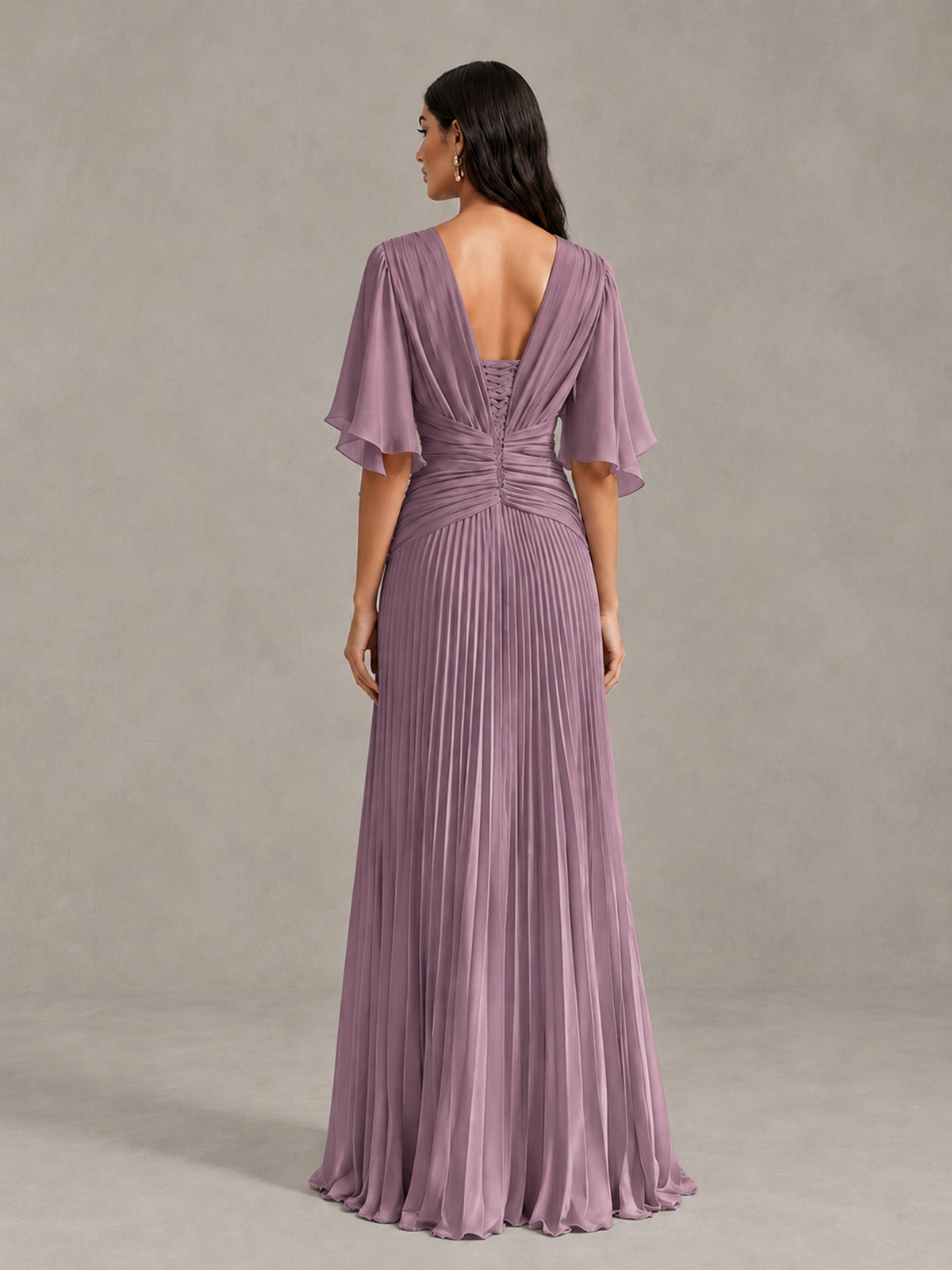 BOLODOO Dusty Purple Pleated V-Neck Flutter Sleeve Bridesmaid Dress - Dusty Purple - Dusty Purple (2)