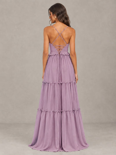 BOLODOO Dusty Purple Tiered V-Neck Lace-Up Back Bridesmaid Dress - Dusty Purple - Dusty Purple (2)