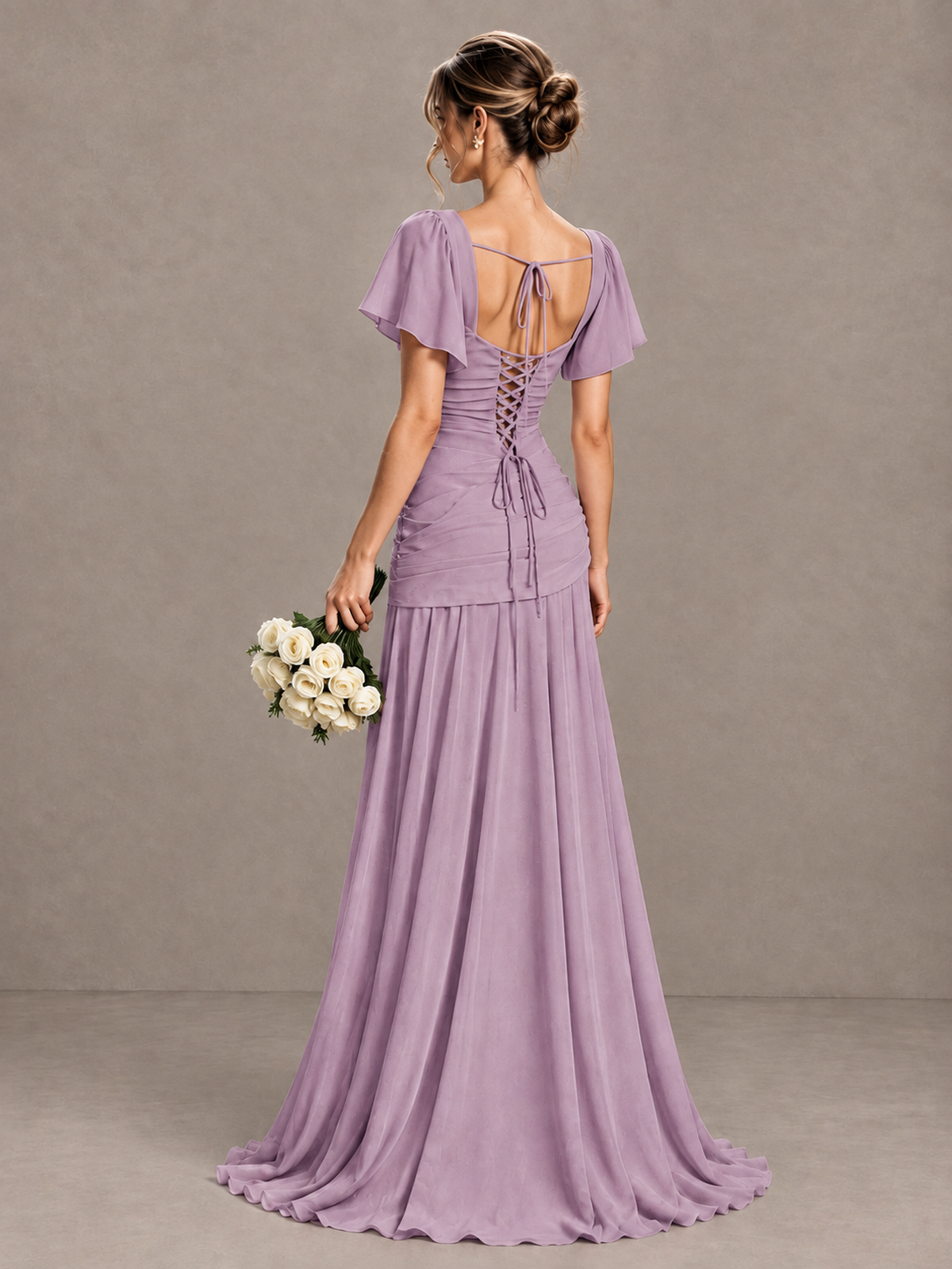 BOLODOO Dusty Purple Flutter Sleeve Lace-Up Back Maxi Dress - Dusty Purple - Dusty Purple (2)
