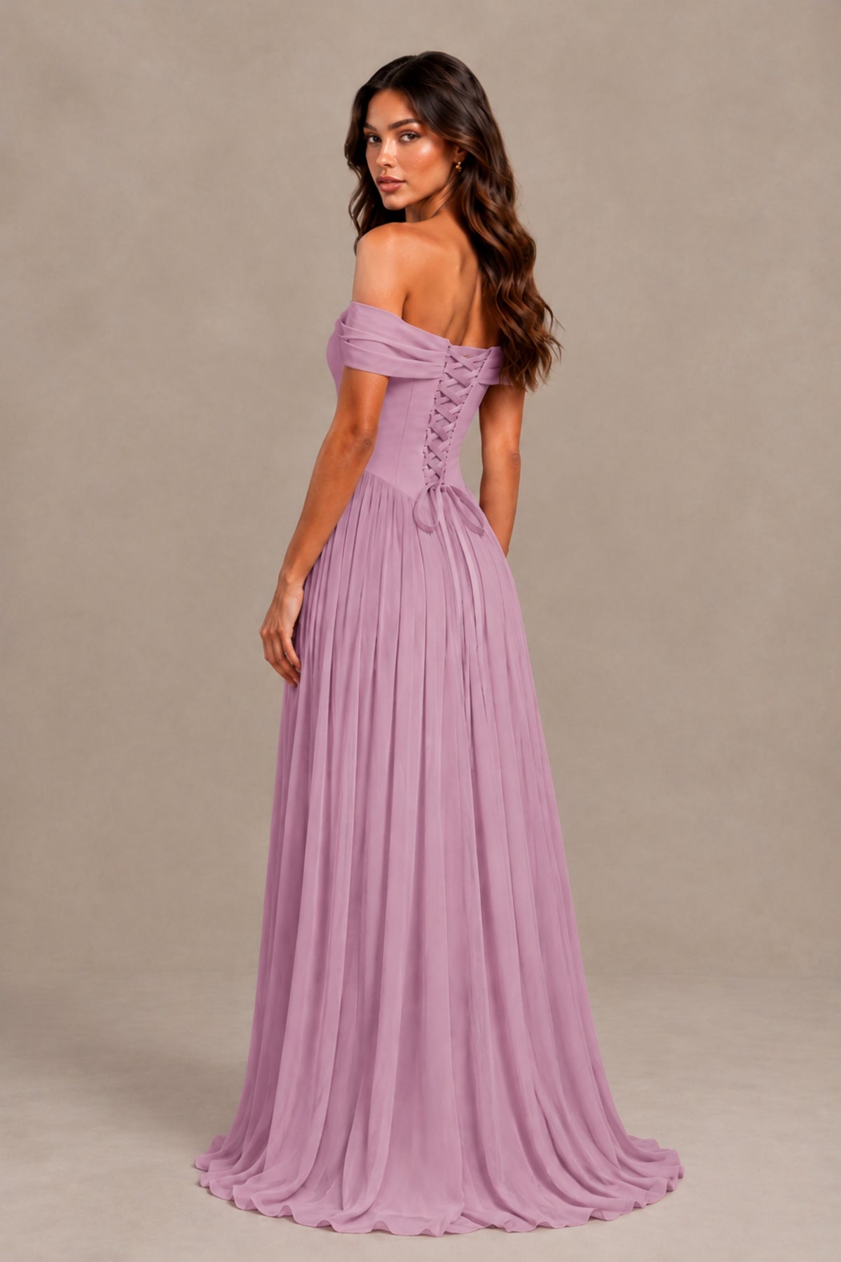 BOLODOO Dusty Purple Off-Shoulder Sweetheart Corset Pleated Chiffon Maxi Dress - Dusty Purple - Dusty Purple (2)