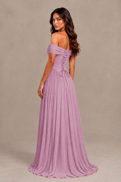 BOLODOO Dusty Purple Off-Shoulder Sweetheart Corset Pleated Chiffon Maxi Dress - Dusty Purple - Dusty Purple (2)
